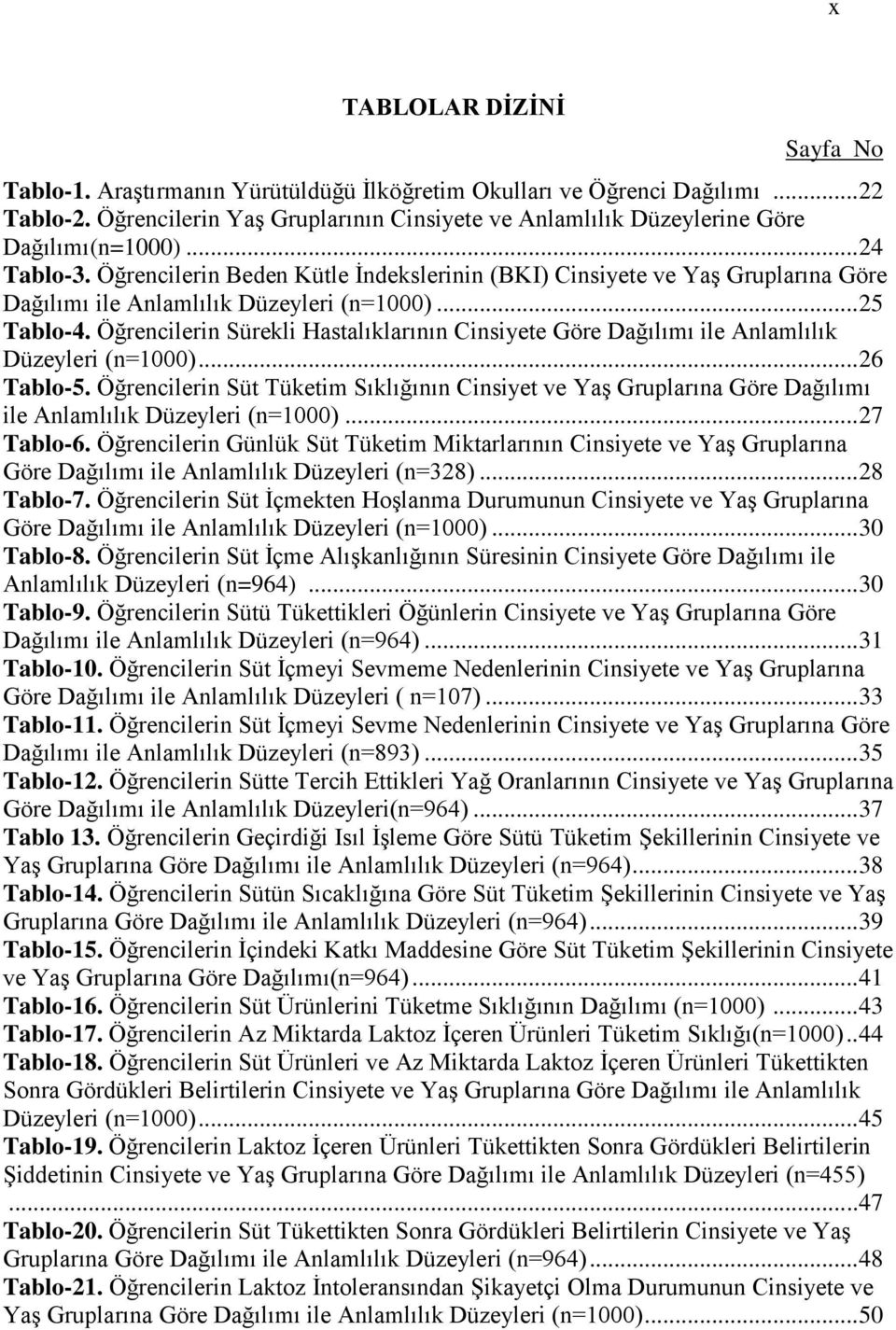 Öğrencilerin Sürekli Hastalıklarının Cinsiyete Göre Dağılımı ile Anlamlılık Düzeyleri (n=1000)... 26 Tablo-5.