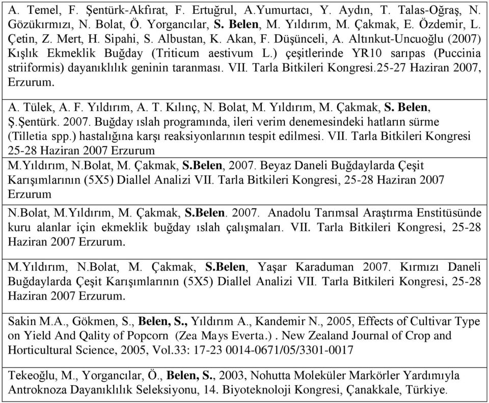 VII. Tarla Bitkileri Kongresi.25-27 Haziran 2007, Erzurum. A. Tülek, A. F. Yıldırım, A. T. Kılınç, N. Bolat, M. Yıldırım, M. Çakmak, S. Belen, Ş.Şentürk. 2007. Buğday ıslah programında, ileri verim denemesindeki hatların sürme (Tilletia spp.