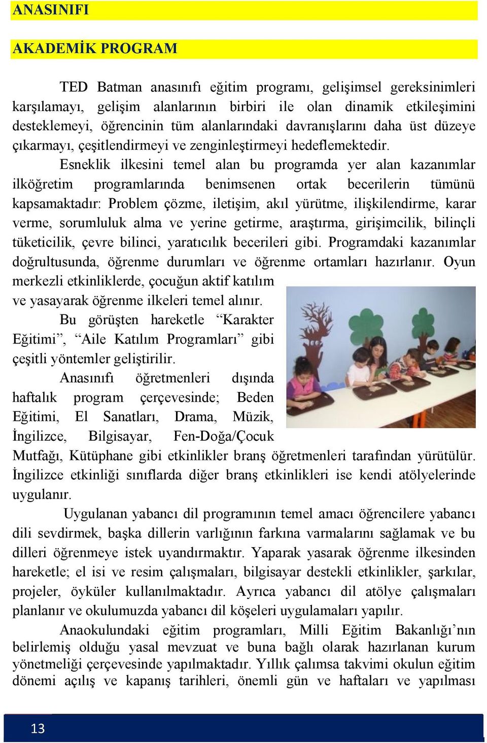 Esneklik ilkesini temel alan bu programda yer alan kazanımlar ilköğretim programlarında benimsenen ortak becerilerin tümünü kapsamaktadır: Problem çözme, iletişim, akıl yürütme, ilişkilendirme, karar