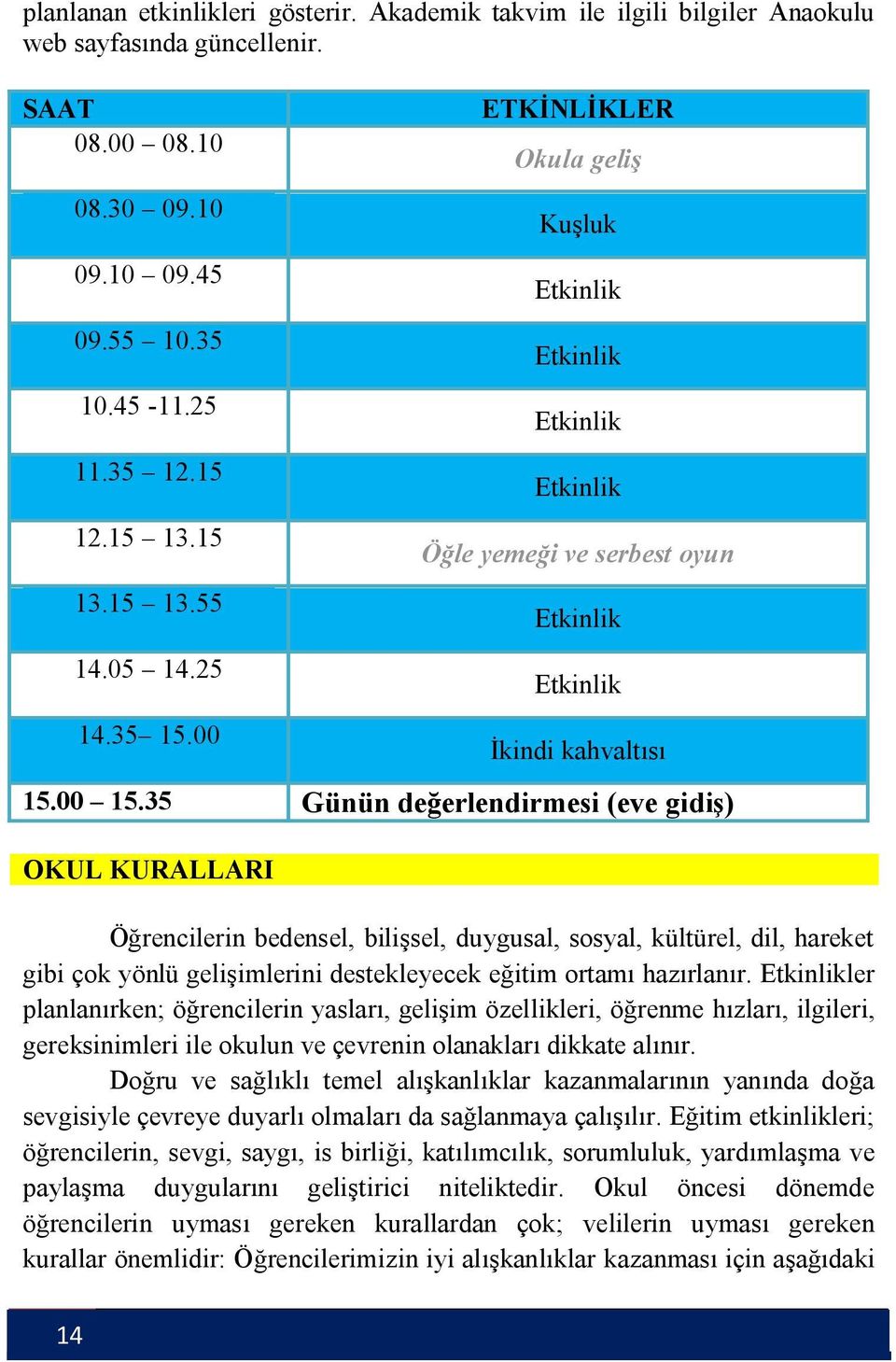 35 Günün değerlendirmesi (eve gidiş) OKUL KURALLARI Öğrencilerin bedensel, bilişsel, duygusal, sosyal, kültürel, dil, hareket gibi çok yönlü gelişimlerini destekleyecek eğitim ortamı hazırlanır.