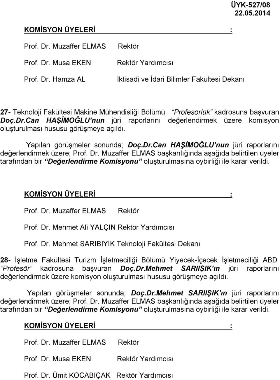 Mehmet Ali YALÇIN Yardımcısı Prof. Dr. Mehmet SARIBIYIK Teknoloji Fakültesi Dekanı 28- İşletme Fakültesi Turizm İşletmeciliği Bölümü Yiyecek-İçecek İşletmeciliği ABD Profesör kadrosuna başvuran Doç.