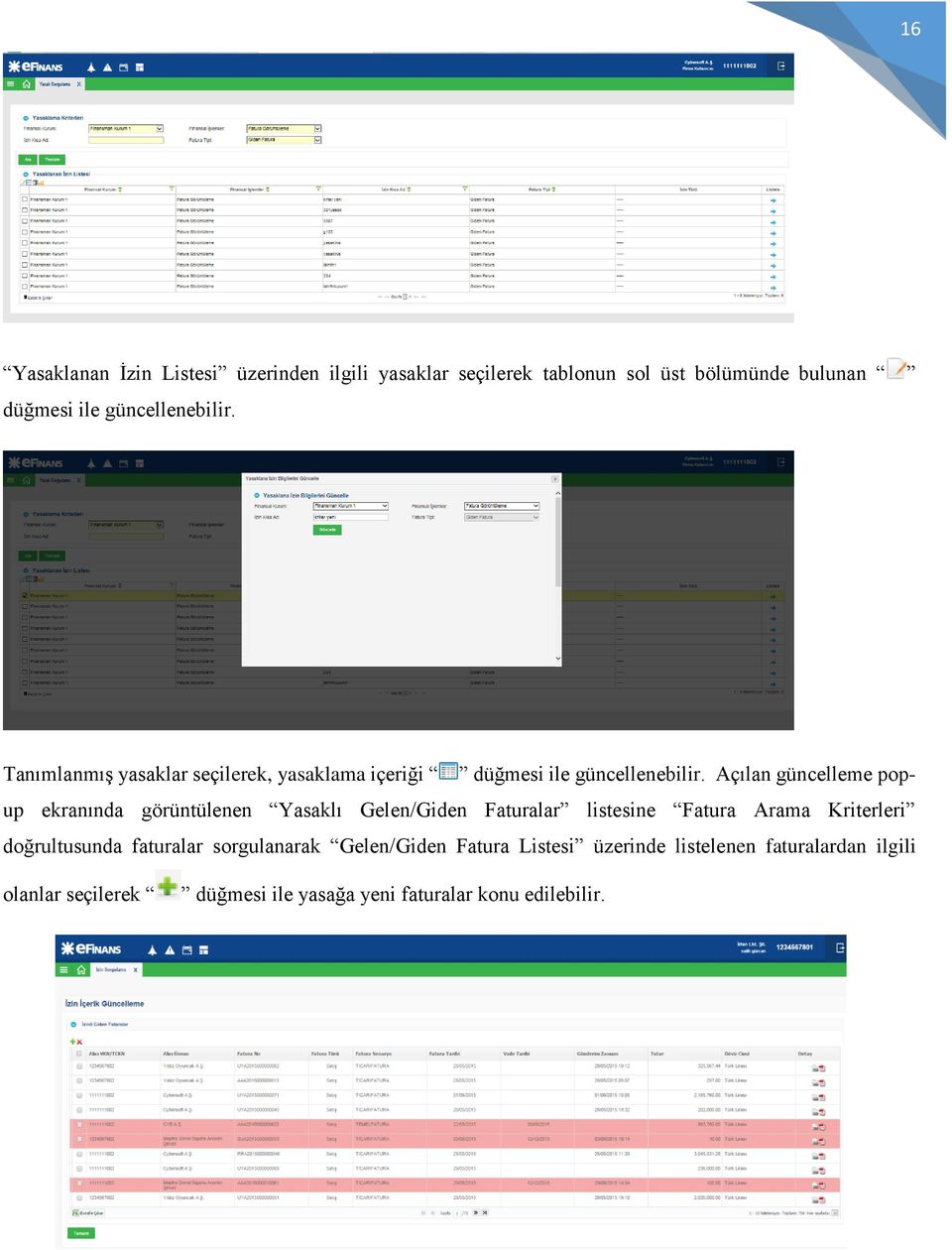 Açılan güncelleme popup ekranında görüntülenen Yasaklı Gelen/Giden Faturalar listesine Fatura Arama Kriterleri