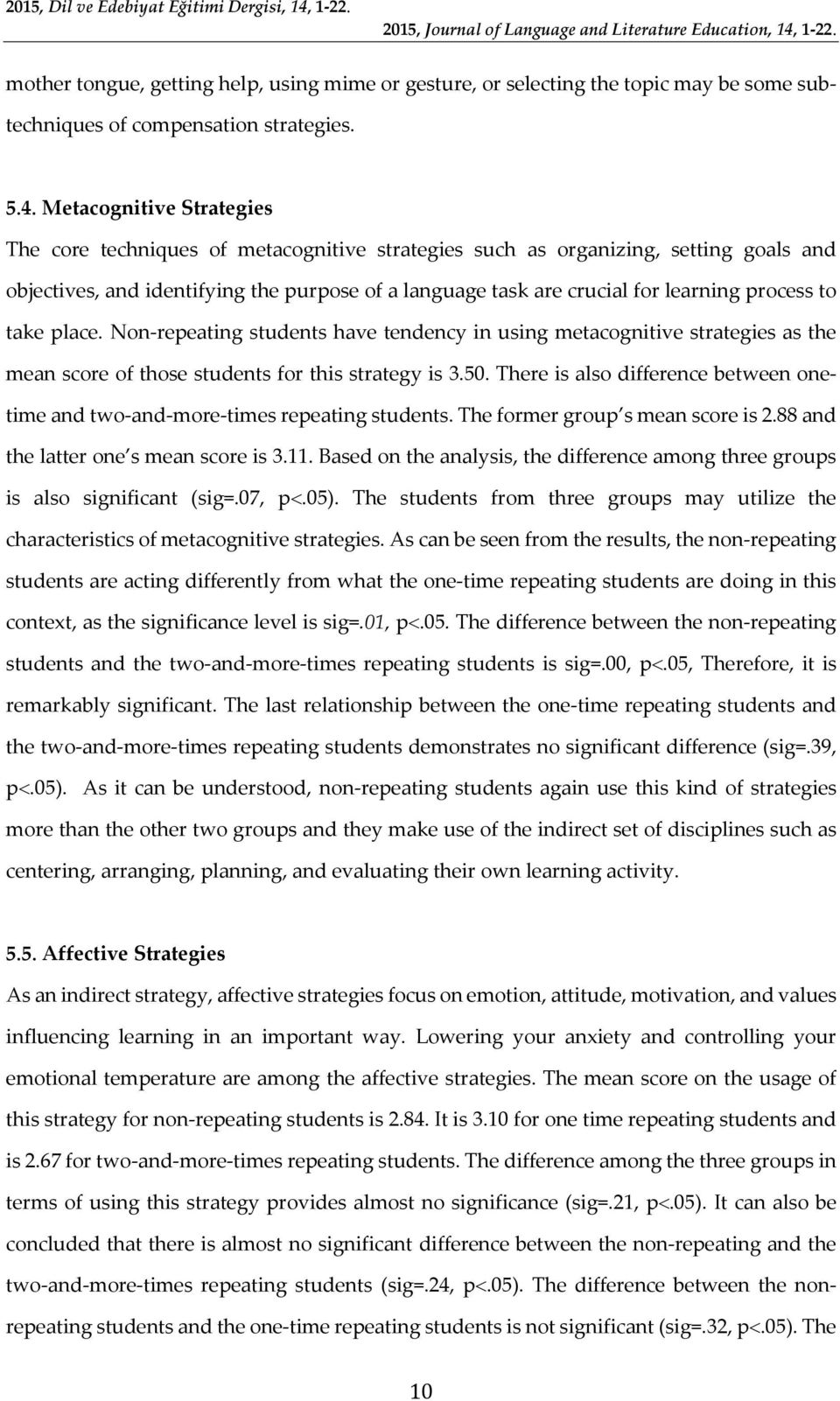 process to take place. Non-repeating students have tendency in using metacognitive strategies as the mean score of those students for this strategy is 3.50.