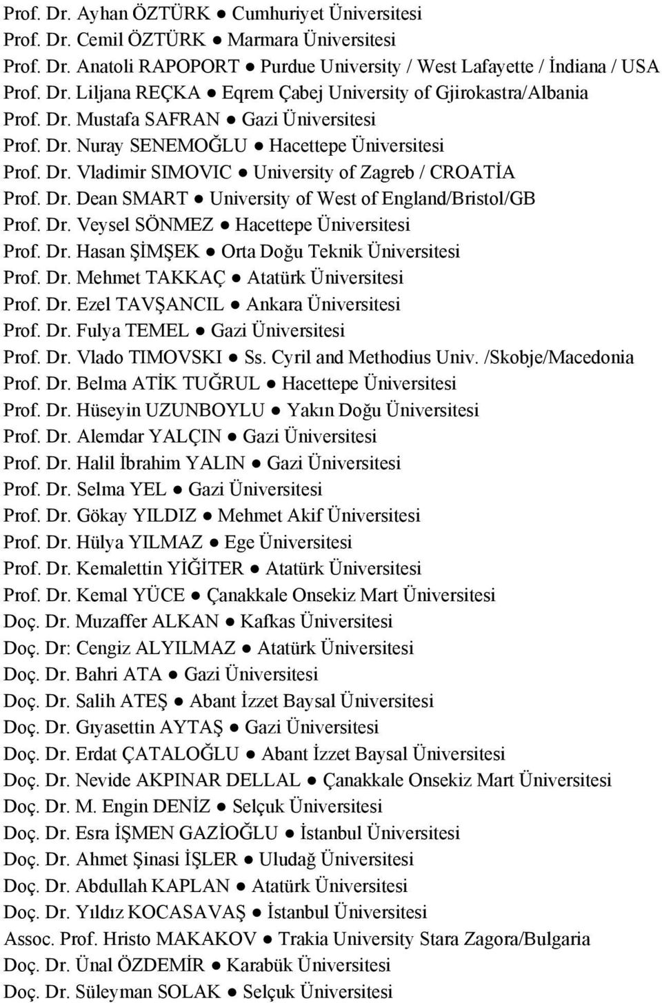 Dr. Veysel SÖNMEZ Hacettepe Üniversitesi Prof. Dr. Hasan ŞİMŞEK Orta Doğu Teknik Üniversitesi Prof. Dr. Mehmet TAKKAÇ Atatürk Üniversitesi Prof. Dr. Ezel TAVŞANCIL Ankara Üniversitesi Prof. Dr. Fulya TEMEL Gazi Üniversitesi Prof.