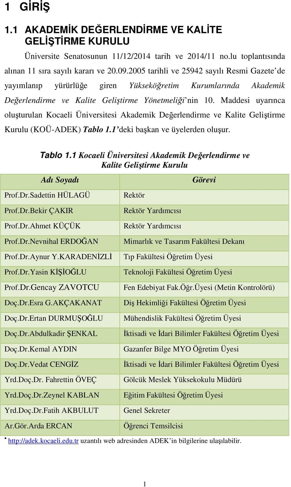 Maddesi uyarınca oluşturulan Kocaeli Üniversitesi Akademik Değerlendirme ve Kalite Geliştirme Kurulu (KOÜ-ADEK) Tablo 1.