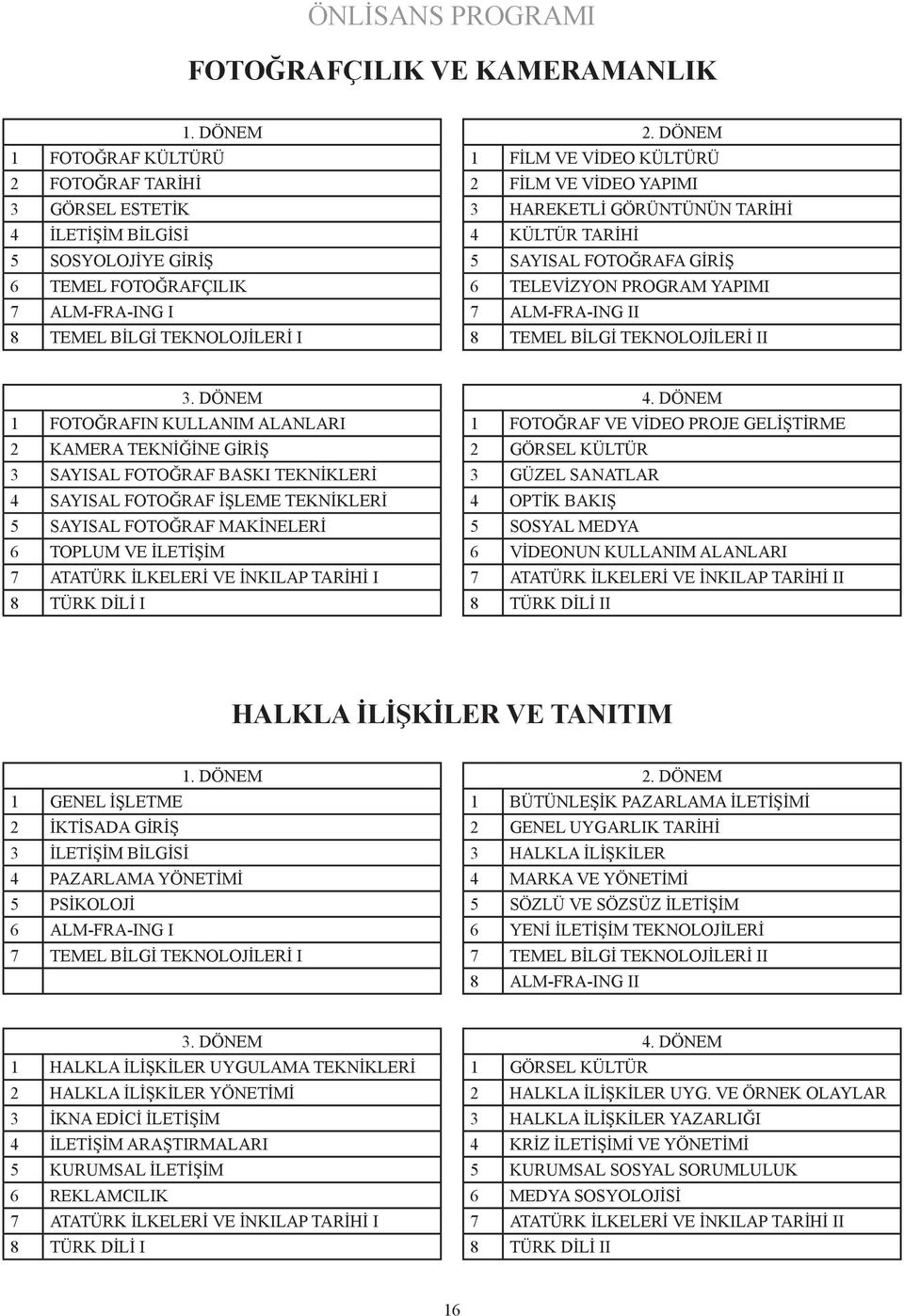 FOTOĞRAF İŞLEME TEKNİKLERİ 5 SAYISAL FOTOĞRAF MAKİNELERİ 6 TOPLUM VE İLETİŞİM 1 FOTOĞRAF VE VİDEO PROJE GELİŞTİRME 2 GÖRSEL KÜLTÜR 3 GÜZEL SANATLAR 4 OPTİK BAKIŞ 5 SOSYAL MEDYA 6 VİDEONUN KULLANIM