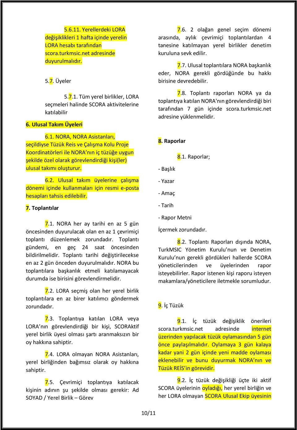 NORA, NORA Asistanları, seçildiyse Tüzük Reis ve Çalışma Kolu Proje Koordinatörleri ile NORA nın iç tüzüğe uygun şekilde özel olarak görevlendirdiği kişi(ler) ulusal takımı oluşturur. 6.2.