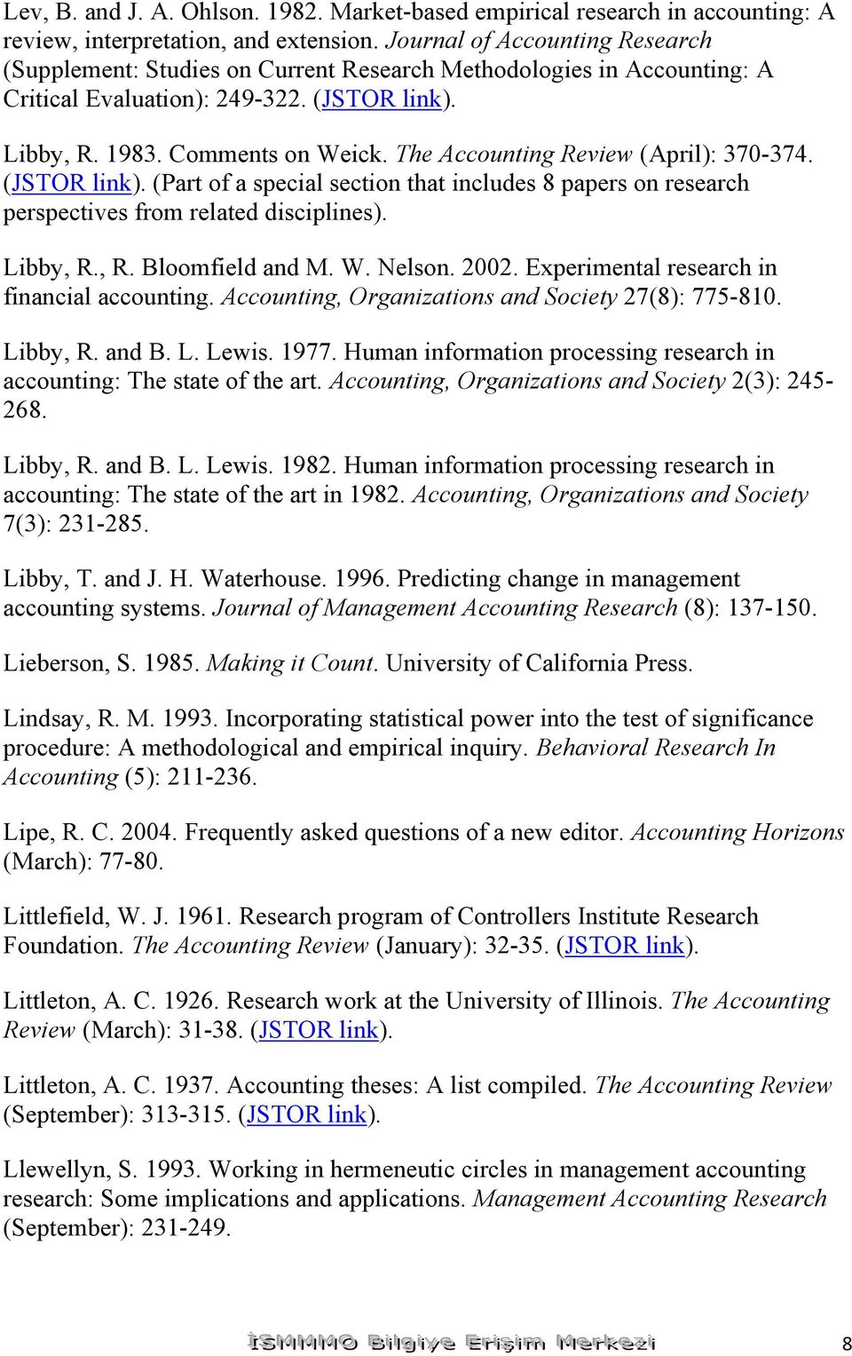 The Accounting Review (April): 370-374. (JSTOR link). (Part of a special section that includes 8 papers on research perspectives from related disciplines). Libby, R., R. Bloomfield and M. W. Nelson.