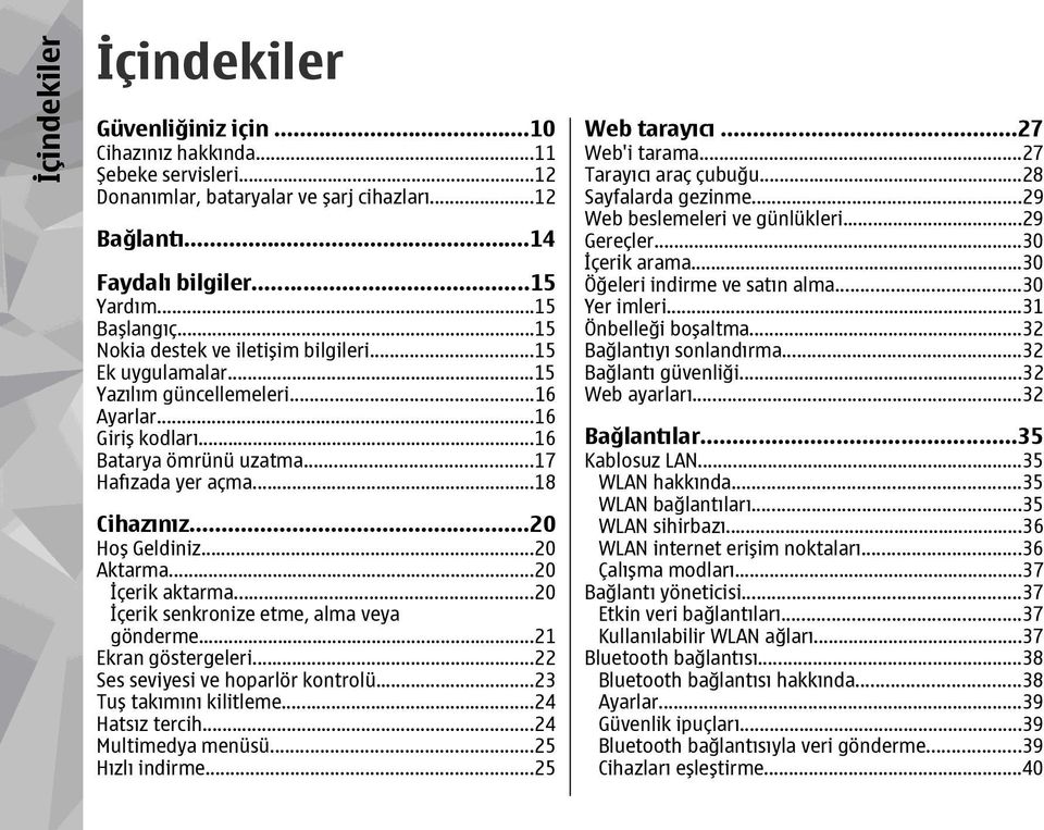 ..20 Hoş Geldiniz...20 Aktarma...20 İçerik aktarma...20 İçerik senkronize etme, alma veya gönderme...21 Ekran göstergeleri...22 Ses seviyesi ve hoparlör kontrolü...23 Tuş takımını kilitleme.