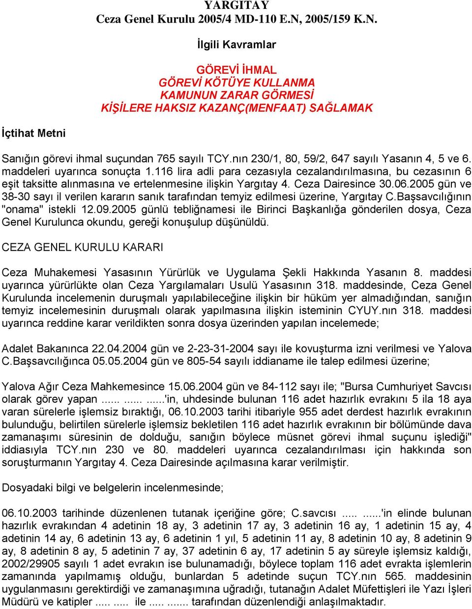 nın 230/1, 80, 59/2, 647 sayılı Yasanın 4, 5 ve 6. maddeleri uyarınca sonuçta 1.