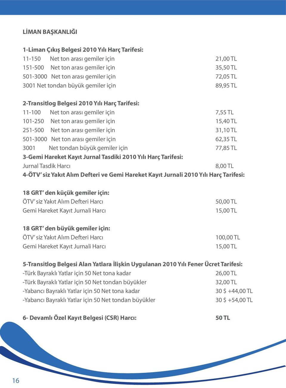 gemiler için 31,10 TL 501-3000 Net ton arası gemiler için 62,35 TL 3001 Net tondan büyük gemiler için 77,85 TL 3-Gemi Hareket Kayıt Jurnal Tasdiki 2010 Yılı Harç Tarifesi: Jurnal Tasdik Harcı 8,00 TL