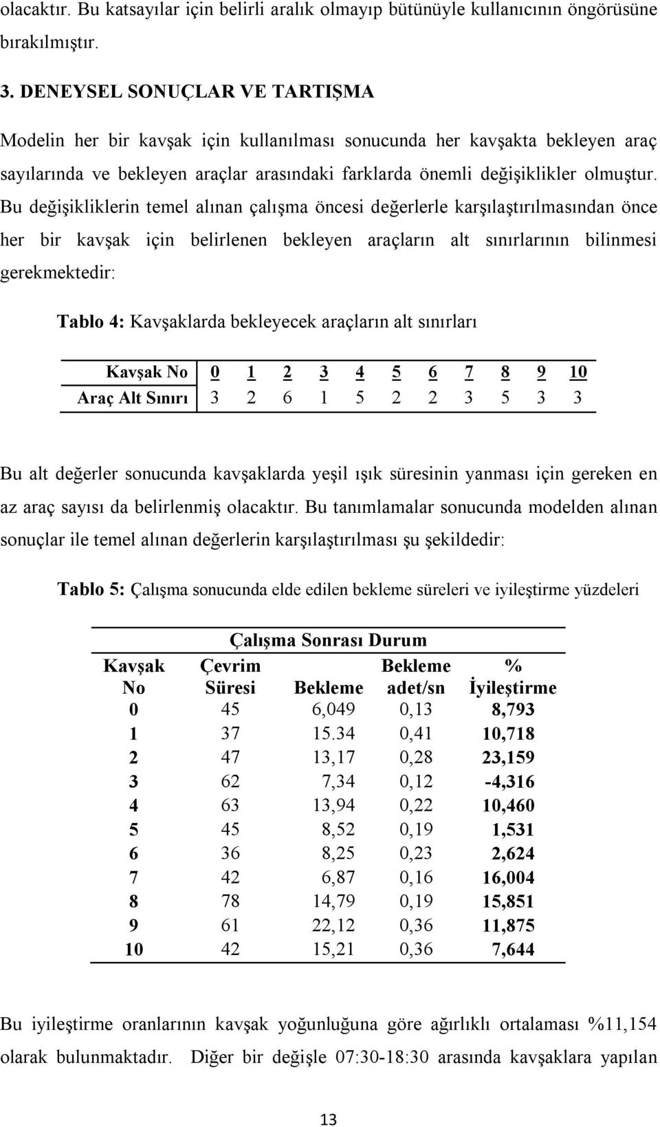 Bu değişikliklerin temel alınan çalışma öncesi değerlerle karşılaştırılmasından önce her bir kavşak için belirlenen bekleyen araçların alt sınırlarının bilinmesi gerekmektedir: Tablo 4: Kavşaklarda