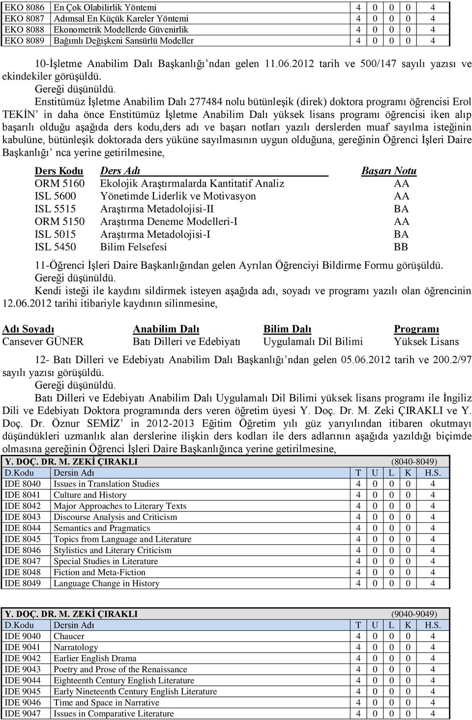 2012 tarih ve 500/147 sayılı yazısı ve Enstitümüz İşletme Anabilim Dalı 277484 nolu bütünleşik (direk) doktora programı öğrencisi Erol TEKİN in daha önce Enstitümüz İşletme Anabilim Dalı yüksek