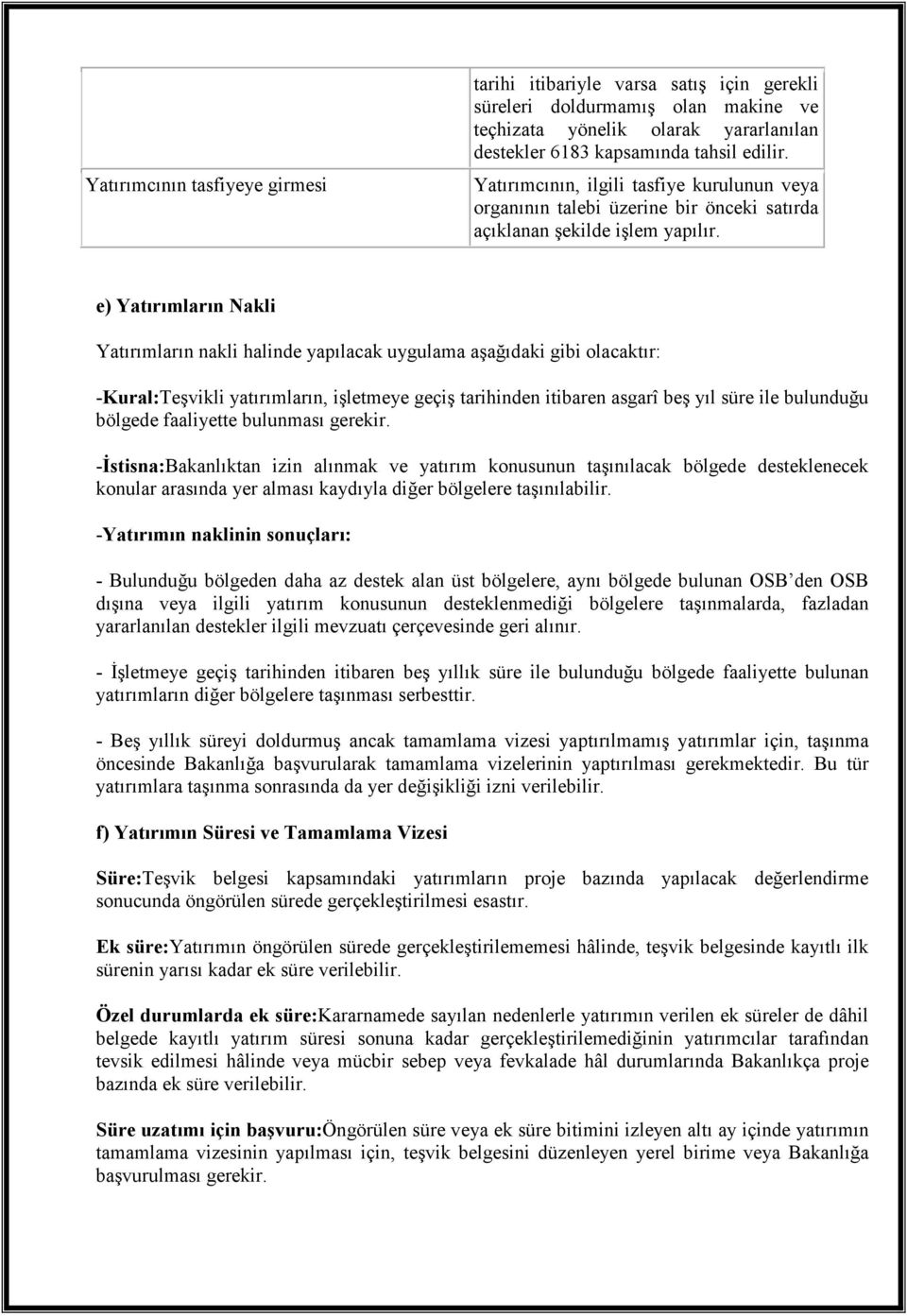 e) Yatırımların Nakli Yatırımların nakli halinde yapılacak uygulama aşağıdaki gibi olacaktır: -Kural:Teşvikli yatırımların, işletmeye geçiş tarihinden itibaren asgarî beş yıl süre ile bulunduğu