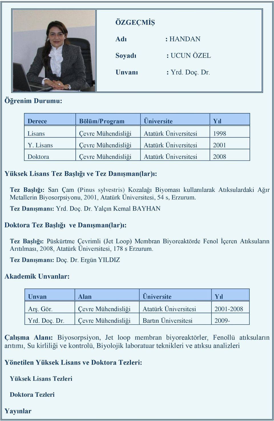 Kozalağı Biyoması kullanılarak Atıksulardaki Ağır Metallerin Biyosorpsiyonu, 2001, Atatürk Üniversitesi, 54 s, Erzurum. Tez Danışmanı: Yrd. Doç. Dr.