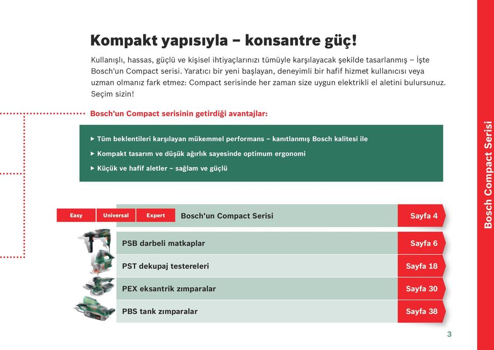 Easy Bosch'un Compact serisinin getirdiği avantajlar: Tm beklentileri karşılayan mkemmel performans kanıtlanmış Bosch kalitesi ile Kompakt tasarım ve dşk ağırlık sayesinde optimum ergonomi