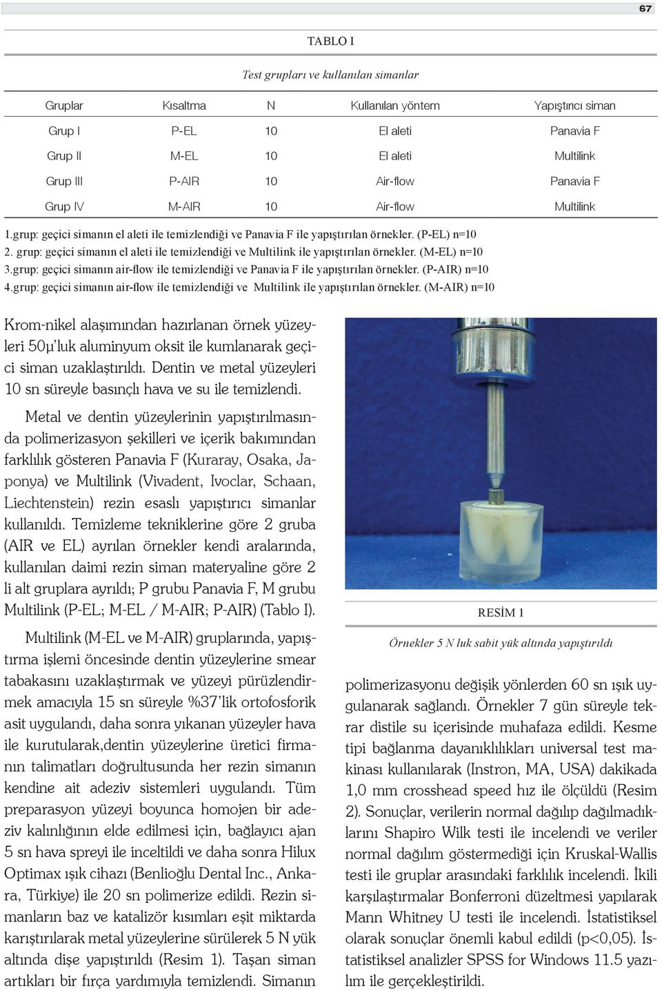 grup: geçici simanın el aleti ile temizlendiği ve Multilink ile yapıştırılan örnekler. (M-EL) n=10 3.grup: geçici simanın air-flow ile temizlendiği ve Panavia F ile yapıştırılan örnekler.