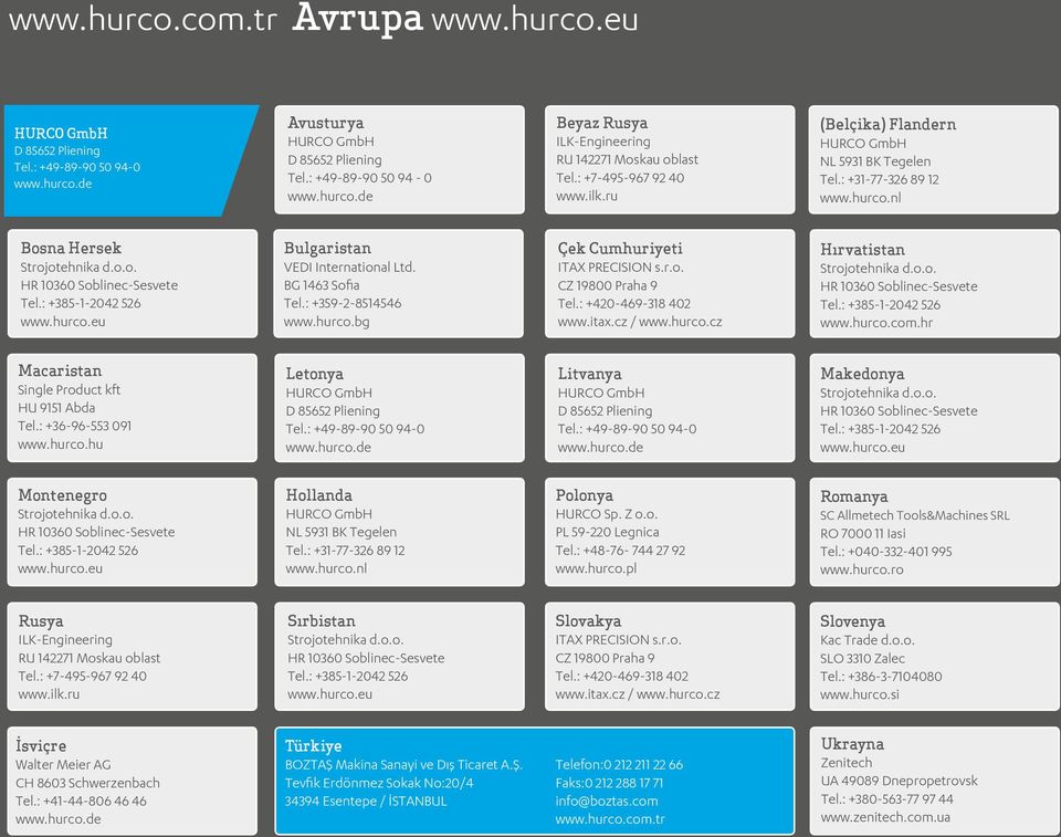 : +385-1-2042 526 www.hurco.eu Bulgaristan VEDI International Ltd. BG 1463 Sofia Tel.: +359-2-8514546 www.hurco.bg Çek Cumhuriyeti ITAX PRECISION s.r.o. CZ 19800 Praha 9 Tel.: +420-469-318 402 www.
