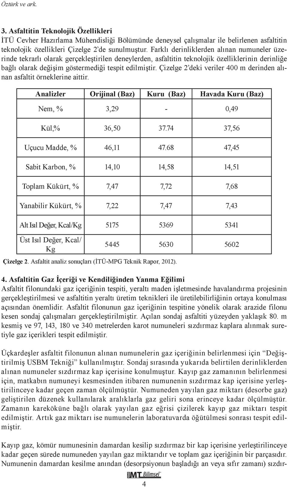 Çizelge 2 deki veriler 400 m derinden alınan asfaltit örneklerine aittir. Analizler Orijinal (Baz) Kuru (Baz) Havada Kuru (Baz) Nem, % 3,29-0,49 Kül,% 36,50 37.74 37,56 Uçucu Madde, % 46,11 47.