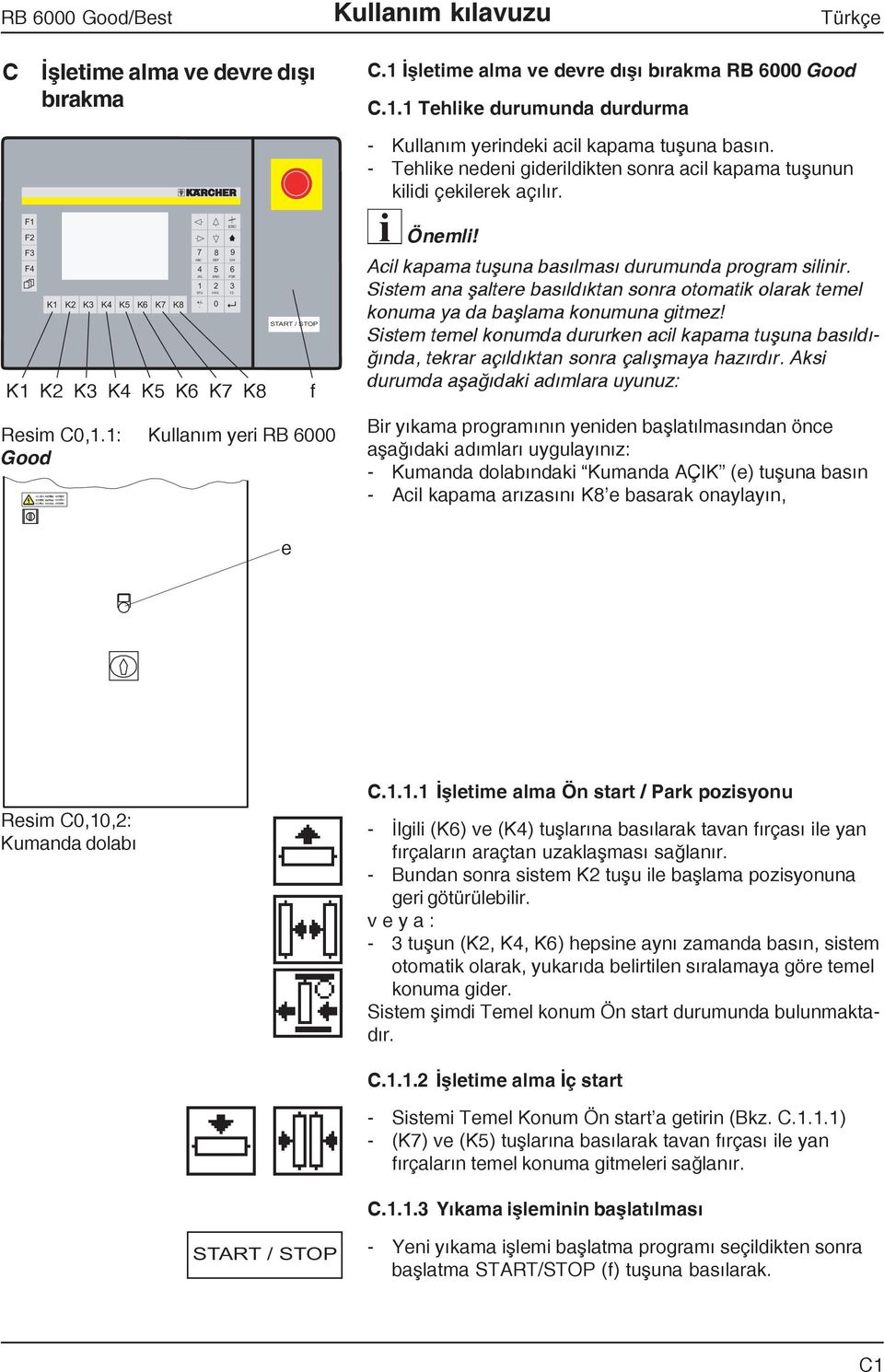 0 START / STOP K1 K2 K3 K4 K5 K6 K7 K8 f Resim C0,1.1: Kullaným yeri RB 6000 Good Önemli! Acil kapama tuþuna basýlmasý durumunda program silinir.