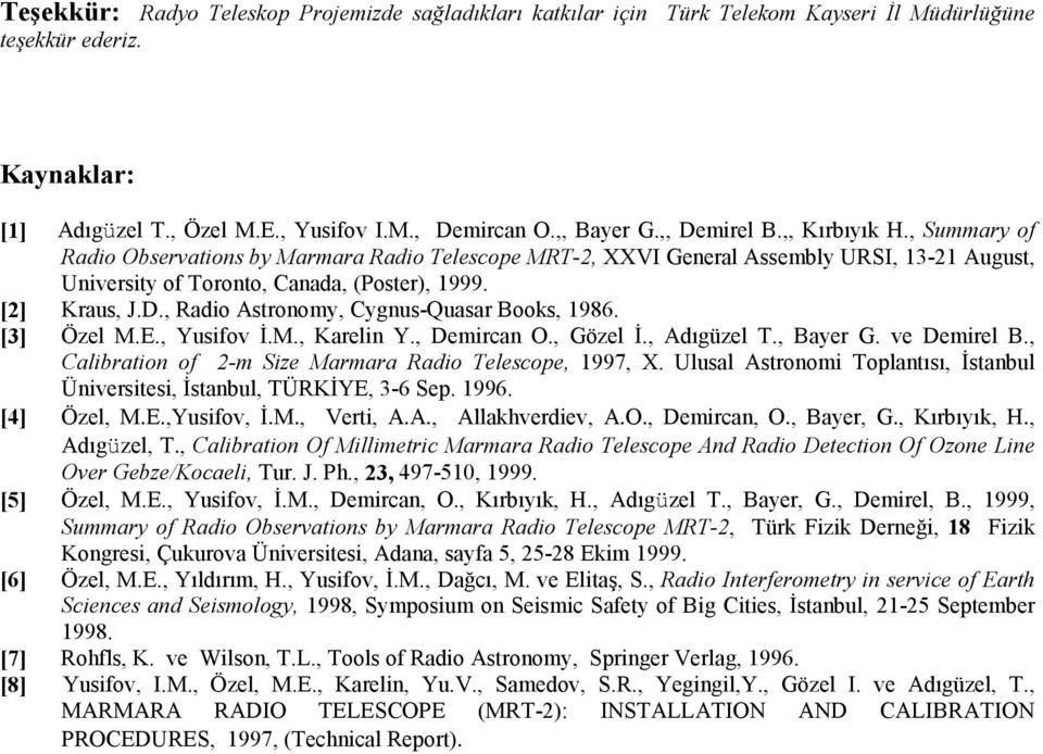 [3] Özel M.E., Yusifov İ.M., Karelin Y., Demircan O., Gözel İ., Adıgüzel T., Bayer G. ve Demirel B., Calibration of 2-m Size Marmara Radio Telescope, 1997, X.