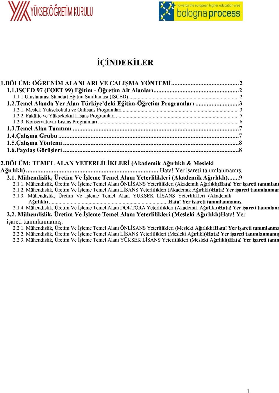 Çalışma Grubu...7 1.5.Çalışma Yöntemi...8 1.6.Paydaş Görüşleri...8 2.BÖLÜM: TEMEL ALAN YETERLİLİKLERİ (Akademik Ağırlıklı & Mesleki Ağırlıklı)... Hata! Yer işareti tanımlanmamış. 2.1. Mühendislik, Üretim Ve İşleme Temel Alanı Yeterlilikleri (Akademik Ağırlıklı).