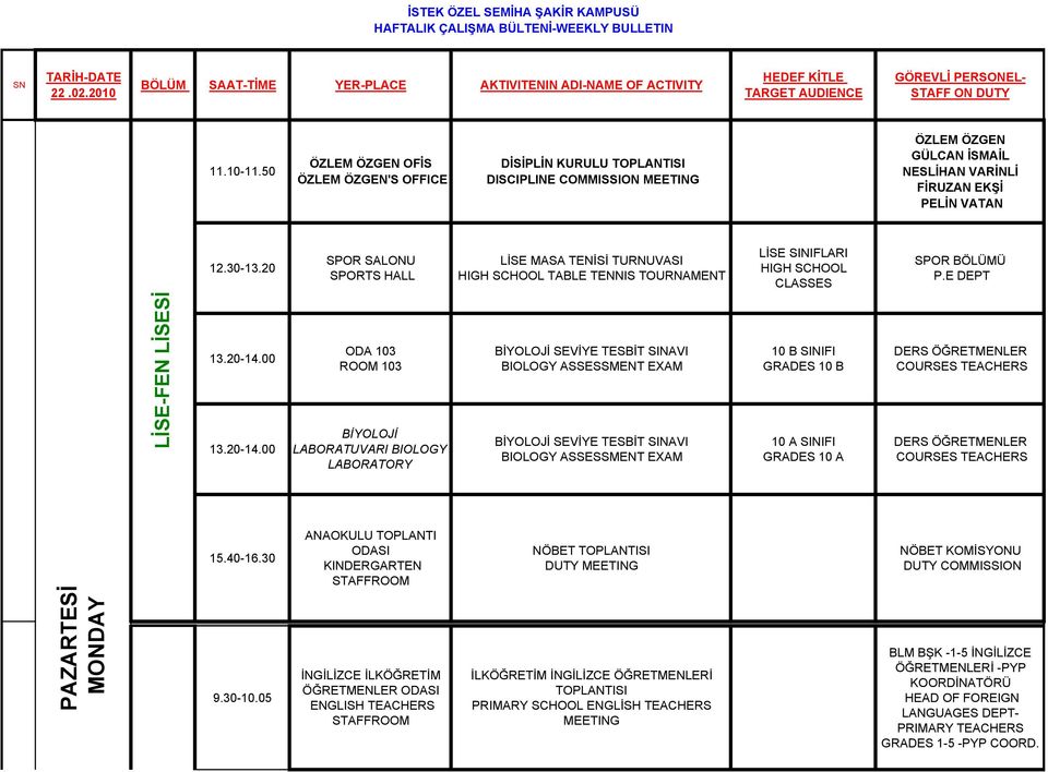 20 SPOR SALONU SPORTS HALL LİSE MASA TENİSİ TURNUVASI TABLE TENNIS TOURNAMENT SPOR BÖLÜMÜ P.E DEPT LİSE-FEN LİSESİ 13.20-14.