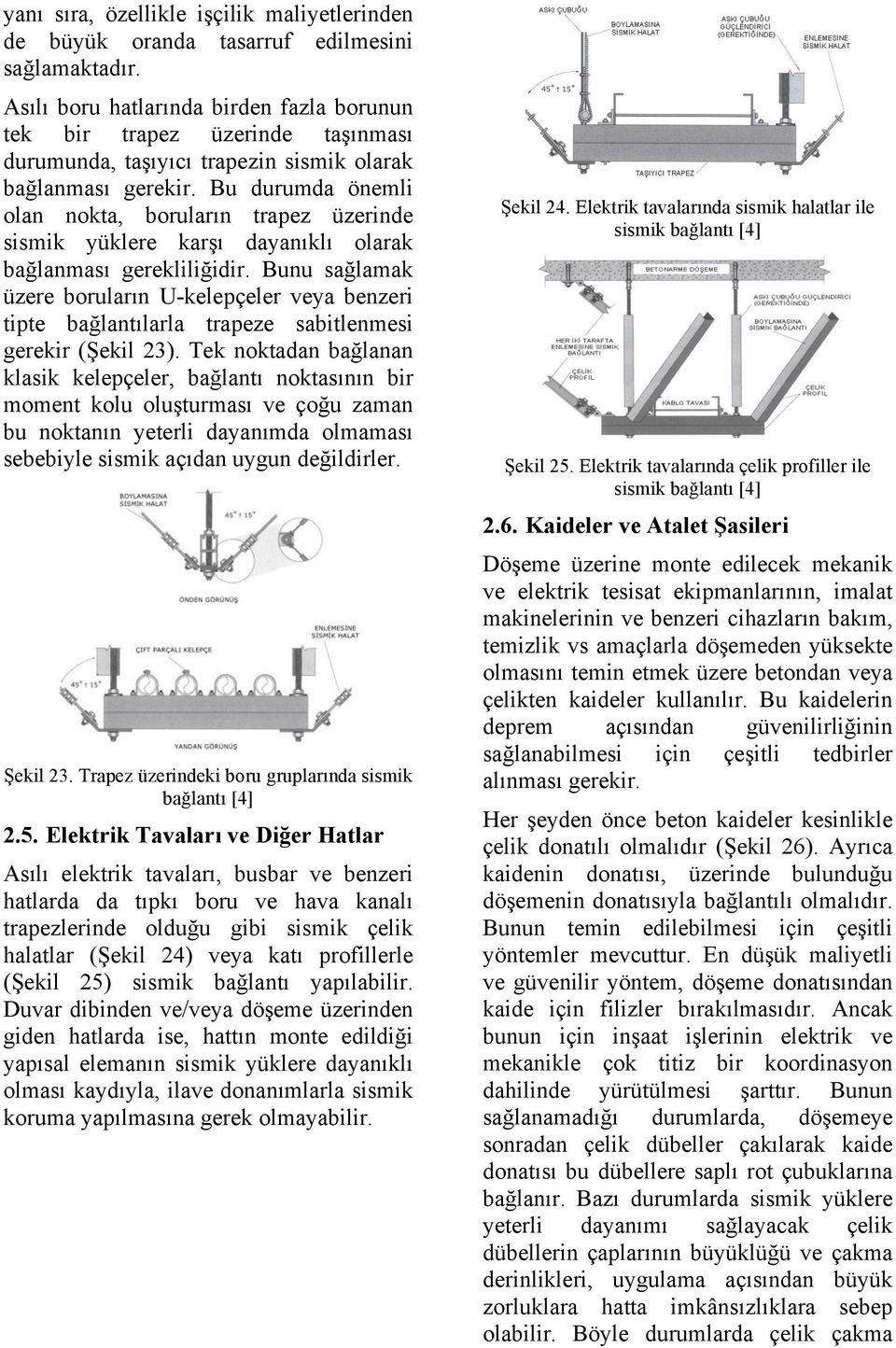 Bu durumda önemli olan nokta, boruların trapez üzerinde sismik yüklere karşı dayanıklı olarak bağlanması gerekliliğidir.