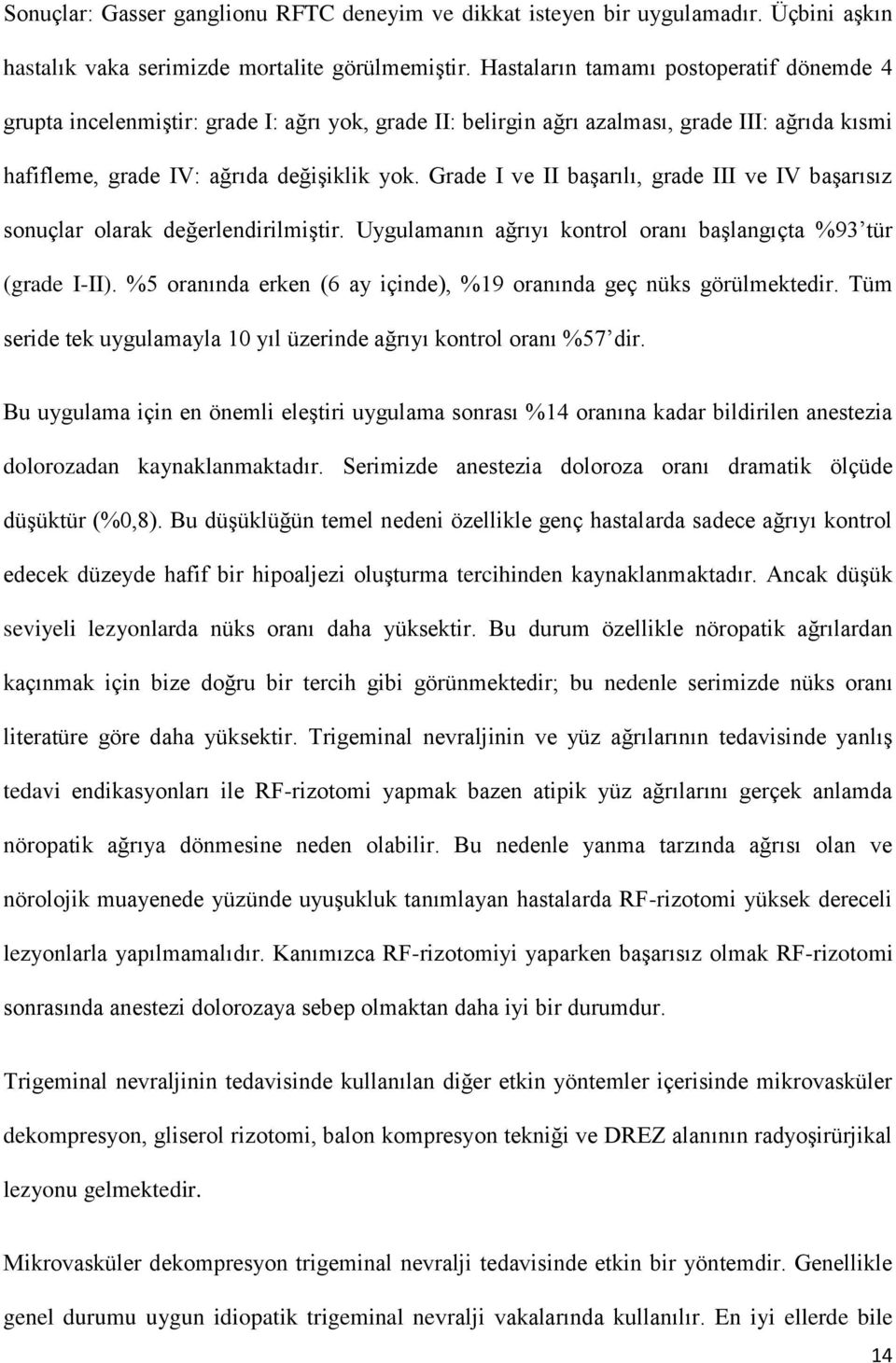 Grade I ve II başarılı, grade III ve IV başarısız sonuçlar olarak değerlendirilmiştir. Uygulamanın ağrıyı kontrol oranı başlangıçta %93 tür (grade I-II).