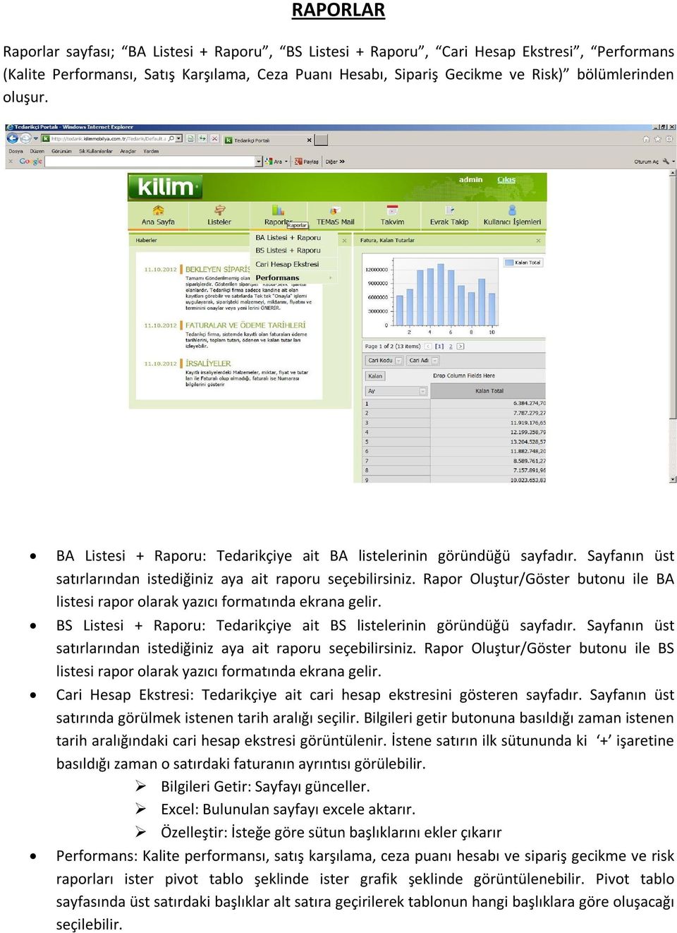 Rapor Oluştur/Göster butonu ile BA listesi rapor olarak yazıcı formatında ekrana gelir. BS Listesi + Raporu: Tedarikçiye ait BS listelerinin göründüğü sayfadır.