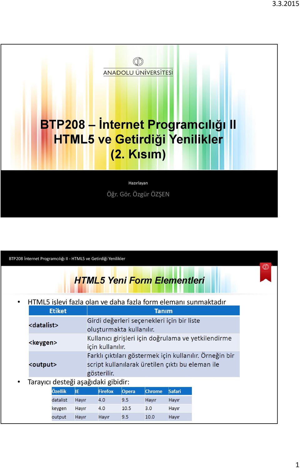 Özgür ÖZŞEN HTML5 Yeni Form Elementleri HTML5 işlevi fazla