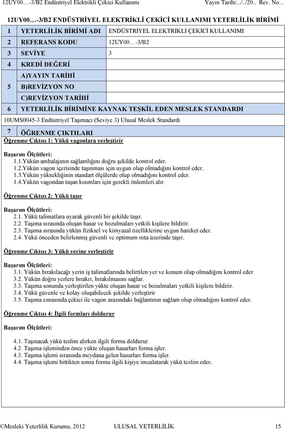 Ulusal Meslek Standardı 7 ÖĞRENME ÇIKTILARI Öğrenme Çıktısı 1: Yükü vagonlara yerleştirir 1.1.Yükün ambalajının sağlamlığını doğru şekilde kontrol eder. 1.2.