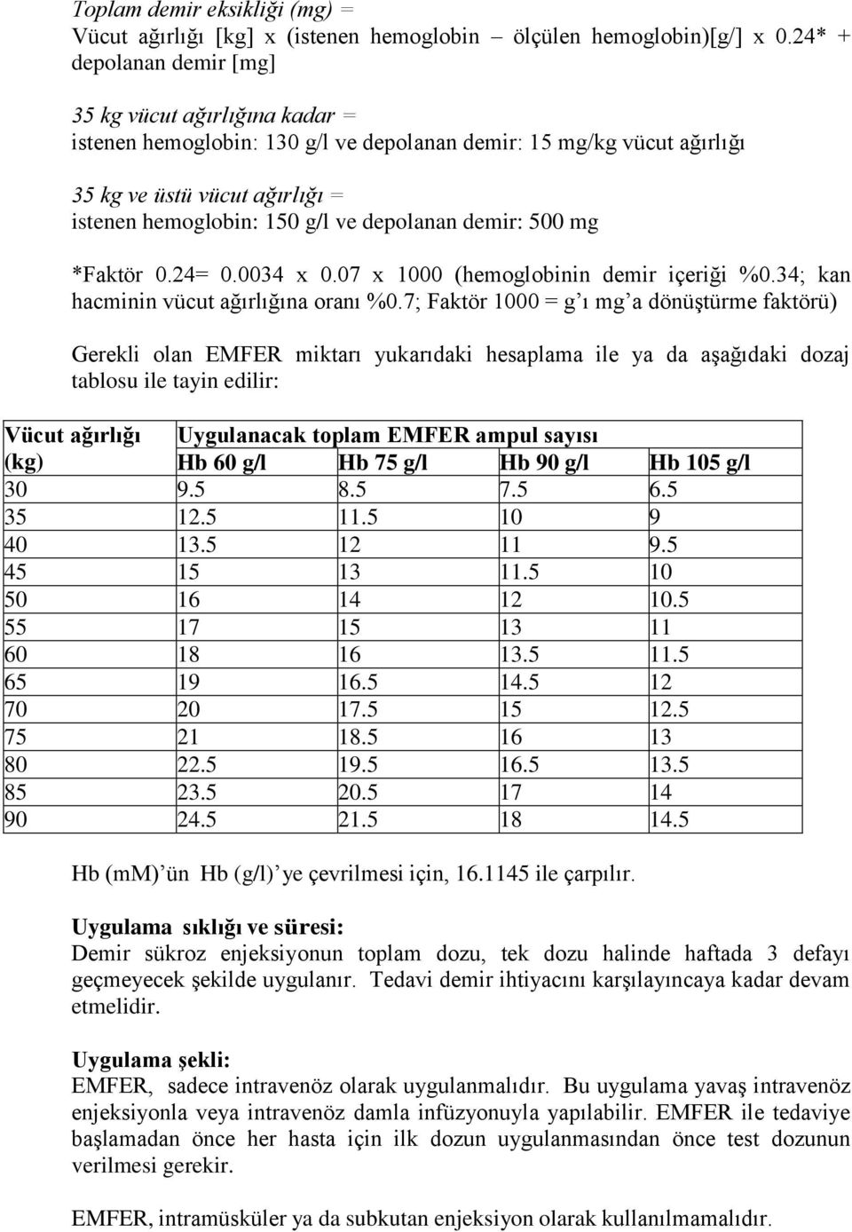 depolanan demir: 500 mg *Faktör 0.24= 0.0034 x 0.07 x 1000 (hemoglobinin demir içeriği %0.34; kan hacminin vücut ağırlığına oranı %0.