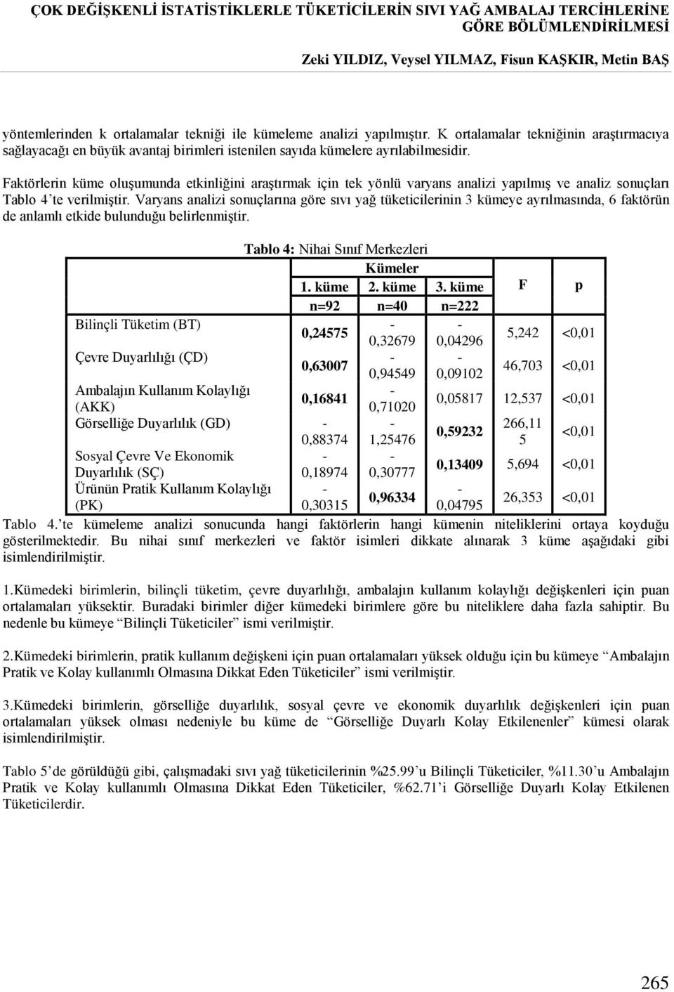 Faktörlerin küme oluşumunda etkinliğini araştırmak için tek yönlü varyans analizi yapılmış ve analiz sonuçları Tablo 4 te verilmiştir.