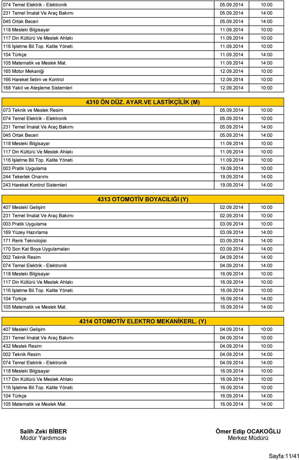 AYAR.VE LASTİKÇİLİK (M) 073 Teknik ve Meslek Resim 05.09.2014 10:00 09.2014 10:00 116 İşletme Bil.Top. Kalite Yöneti. 11.09.2014 10:00 003 Pratik Uygulama 19.09.2014 10:00 244 Tekerlek Onarımı 19.09.2014 14:00 243 Hareket Kontrol Sistemleri 19.