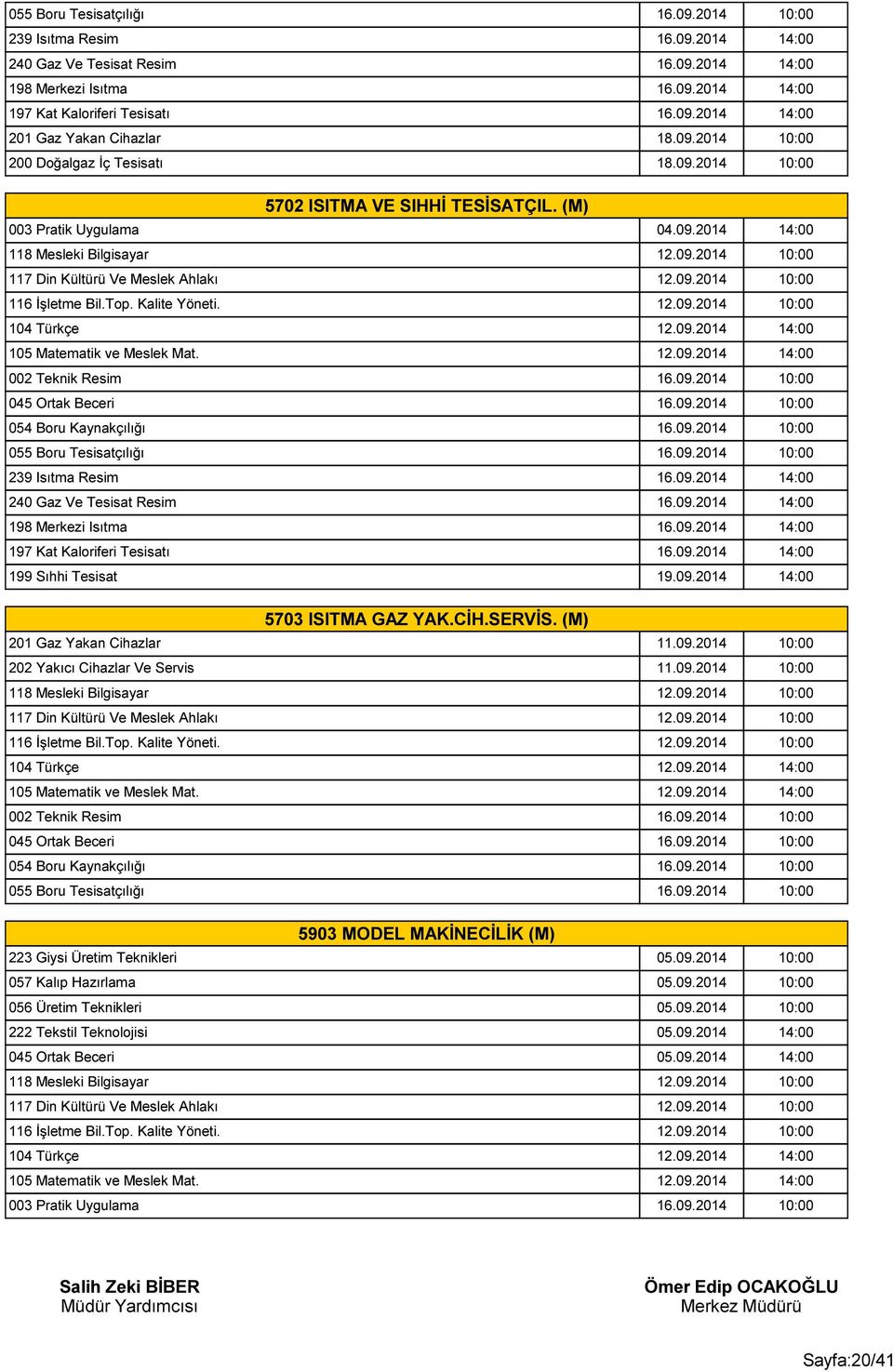 09.2014 10:00 116 İşletme Bil.Top. Kalite Yöneti. 12.09.2014 10:00 104 Türkçe 12.09.2014 14:00 105 Matematik ve Meslek Mat. 12.09.2014 14:00 002 Teknik Resim 16.09.2014 10:00 045 Ortak Beceri 16.09.2014 10:00 054 Boru Kaynakçılığı 16.