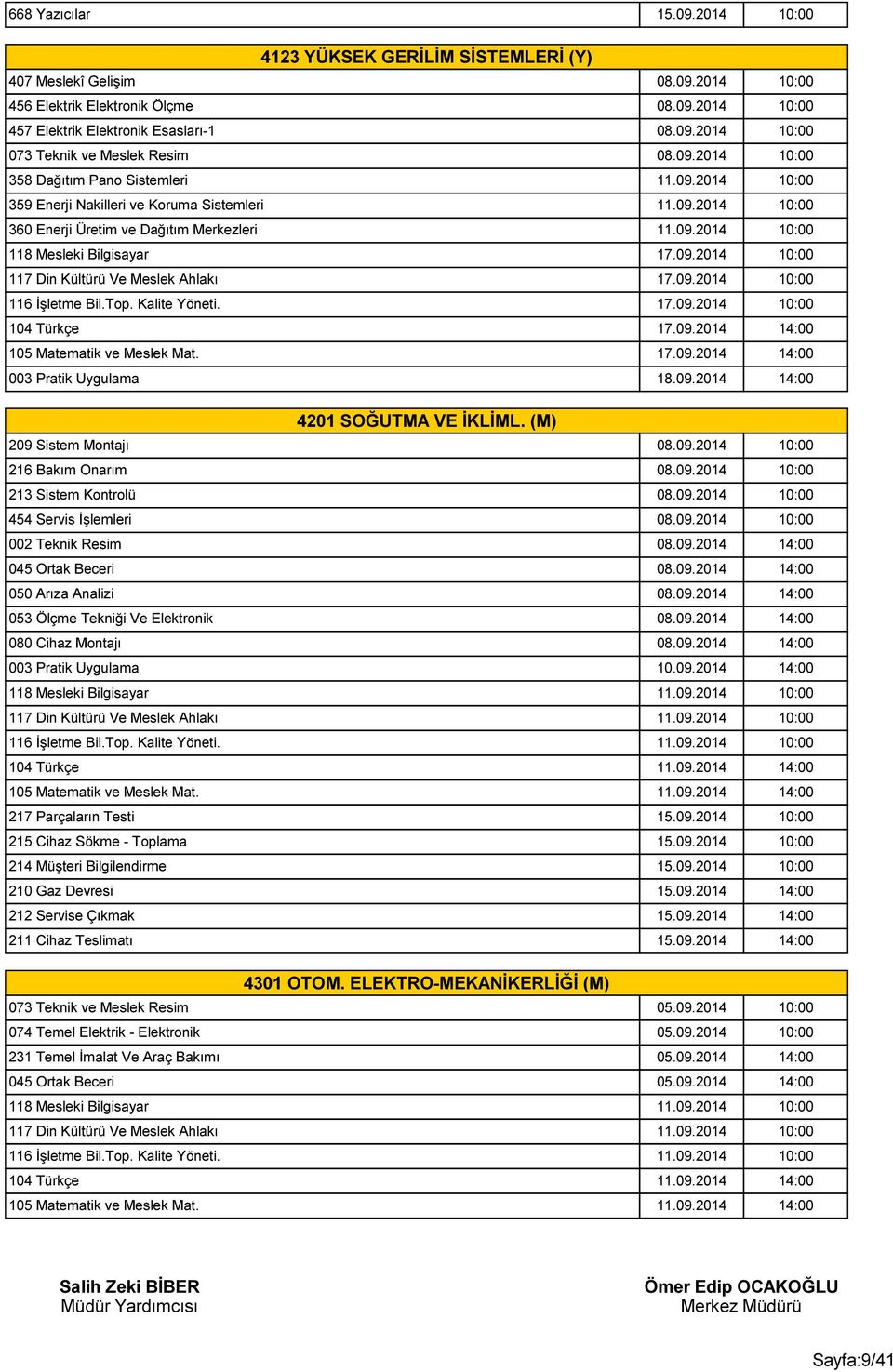 09.2014 10:00 117 Din Kültürü Ve Meslek Ahlakı 17.09.2014 10:00 116 İşletme Bil.Top. Kalite Yöneti. 17.09.2014 10:00 104 Türkçe 17.09.2014 14:00 105 Matematik ve Meslek Mat. 17.09.2014 14:00 003 Pratik Uygulama 18.