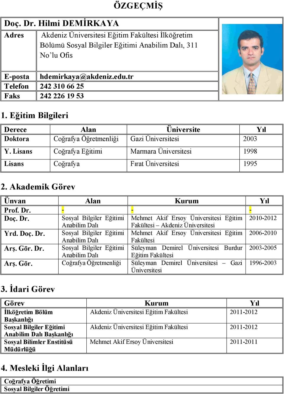 Lisans Coğrafya Eğitimi Marmara Üniversitesi 1998 Lisans Coğrafya Fırat Üniversitesi 1995 2. Akademik Görev Ünvan Alan Kurum Yıl Prof. Dr.