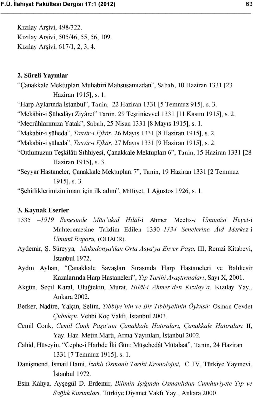 Mekâbir-i Şühedâyı Ziyâret Tanin, 29 Teşrinievvel [11 Kasım 1915], s. 2. Mecrûhlarımıza Yatak, Sabah, 25 Nisan [8 Mayıs 1915], s. 1. Makabir-i şüheda, Tasvîr-i Efkâr, 26 Mayıs [8 Haziran 1915], s. 2. Makabir-i şüheda, Tasvîr-i Efkâr, 27 Mayıs [9 Haziran 1915], s.