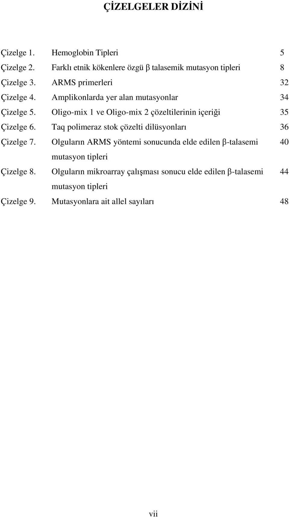 Oligo-mix 1 ve Oligo-mix 2 çözeltilerinin içeriği 35 Çizelge 6. Taq polimeraz stok çözelti dilüsyonları 36 Çizelge 7.