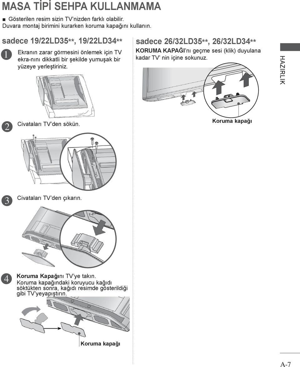 sadece 6/LD5**, 6/LD4** KORUMA KAPAĞI nı geçme sesi (klik) duyulana kadar TV nin içine sokunuz. HAZIRLIK Civataları TV den sökün.