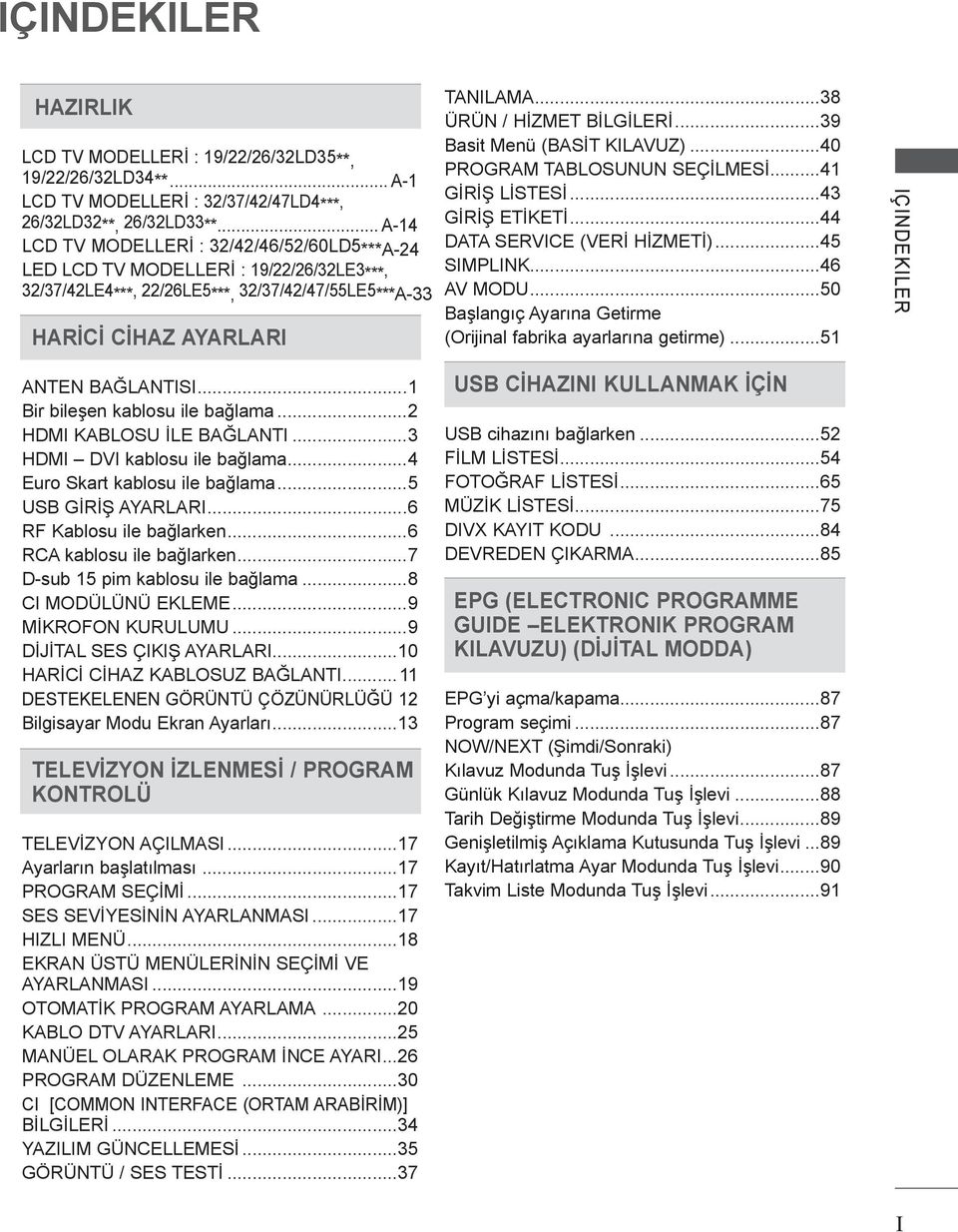 ..9 Basit Menü (BASİT KILAVUZ)...40 PROGRAM TABLOSUNUN SEÇİLMESİ...4 GİRİŞ LİSTESİ...4 GİRİŞ ETİKETİ...44 DATA SERVICE (VERİ HİZMETİ)...45 SIMPLINK...46 AV MODU.