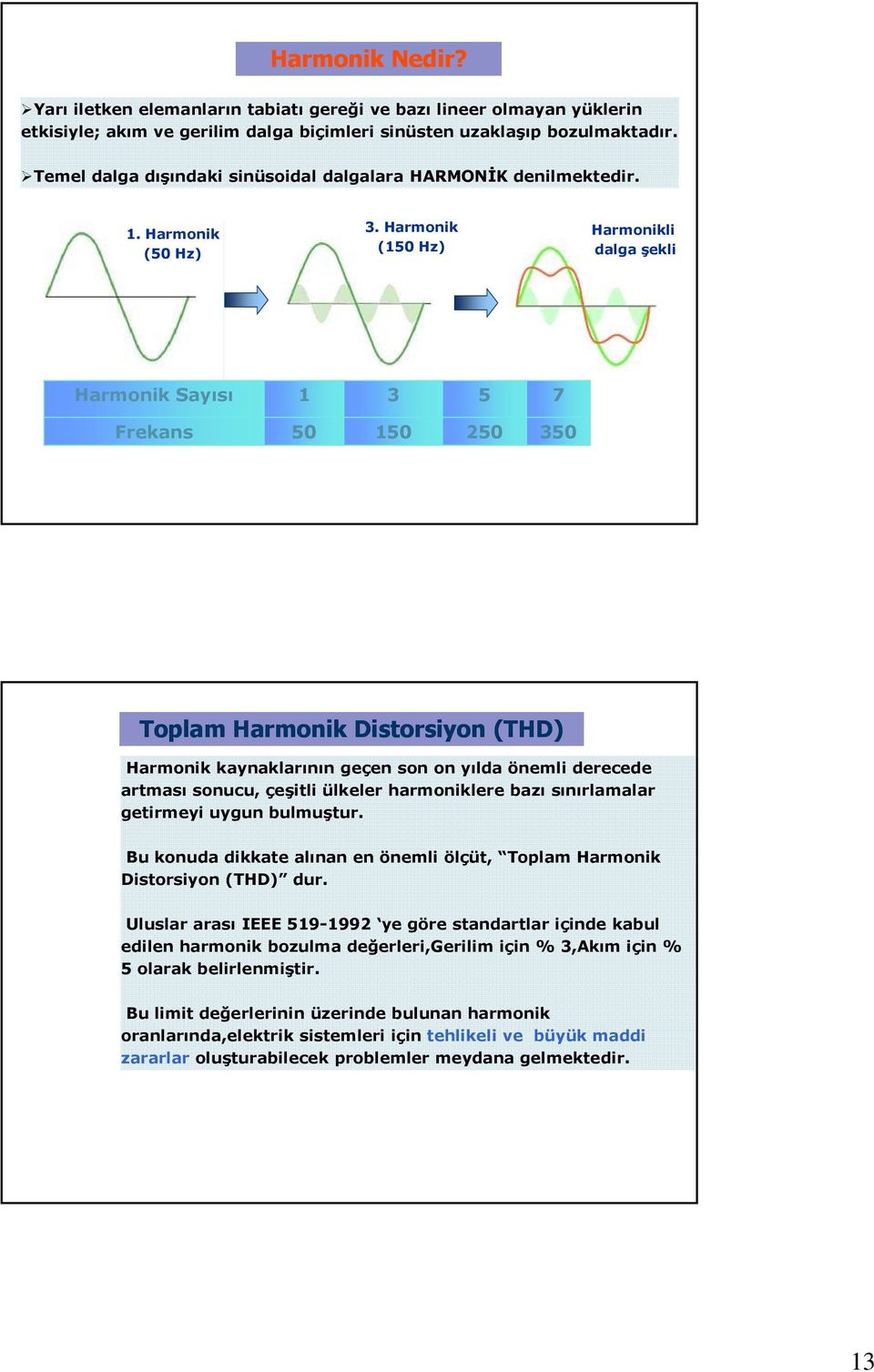 Harmonik (150 Hz) Harmonikli dalga şekli Harmonik Sayısı 1 3 5 7 Frekans 50 150 250 350 Toplam Harmonik Distorsiyon (THD) Harmonik kaynaklarının geçen son on yılda önemli derecede artması sonucu,