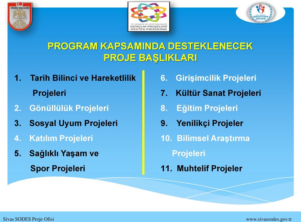 Sosyal Uyum Projeleri 4. Katılım Projeleri 5. Sağlıklı Yaşam ve Spor Projeleri 6.