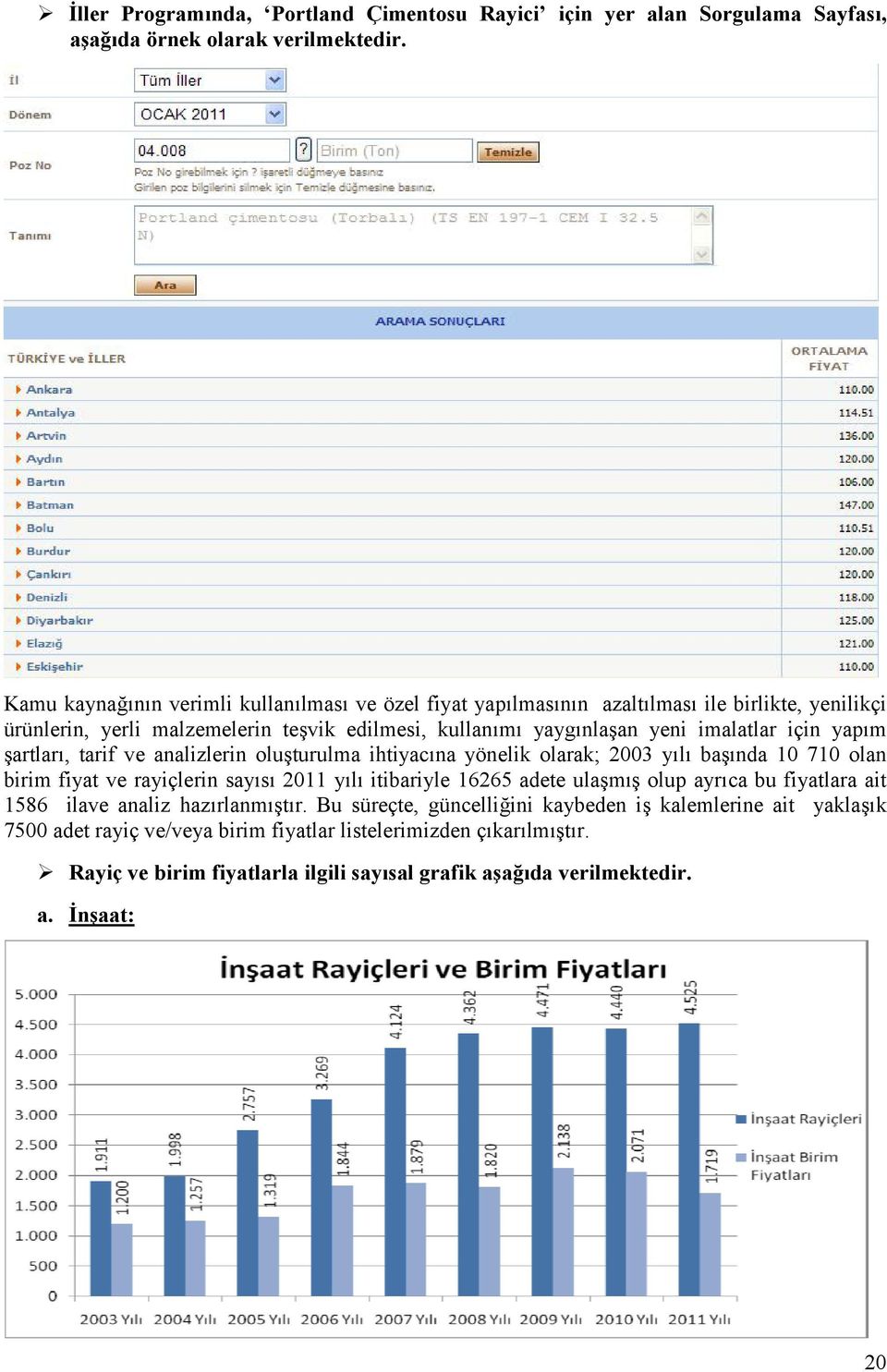 yapım şartları, tarif ve analizlerin oluşturulma ihtiyacına yönelik olarak; 2003 yılı başında 10 710 olan birim fiyat ve rayiçlerin sayısı 2011 yılı itibariyle 16265 adete ulaşmış olup