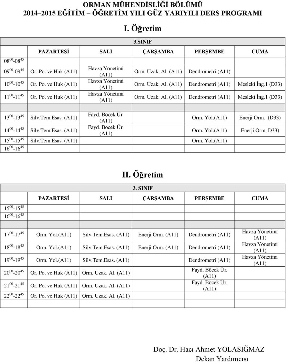 Tem.Esas. Orm. Yol. II. Öğretim 3. SINIF 15 00-15 45 17 00-17 45 Orm. Yol. Silv.Tem.Esas. Enerji Orm. Dendrometri 18 00-18 45 Orm. Yol. Silv.Tem.Esas. Enerji Orm. Dendrometri 19 00-19 45 Orm.