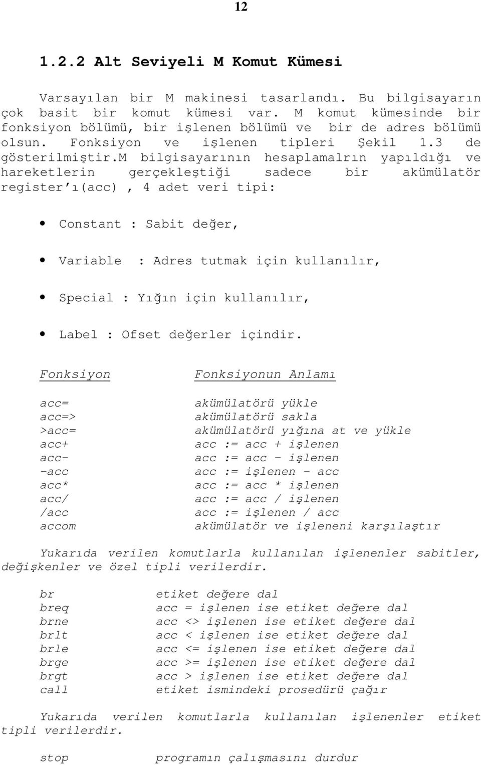 m bilgisayarının hesaplamalrın yapıldığı ve hareketlerin gerçekleştiği sadece bir akümülatör register ı(acc), 4 adet veri tipi: Constant : Sabit değer, Variable : Adres tutmak için kullanılır,