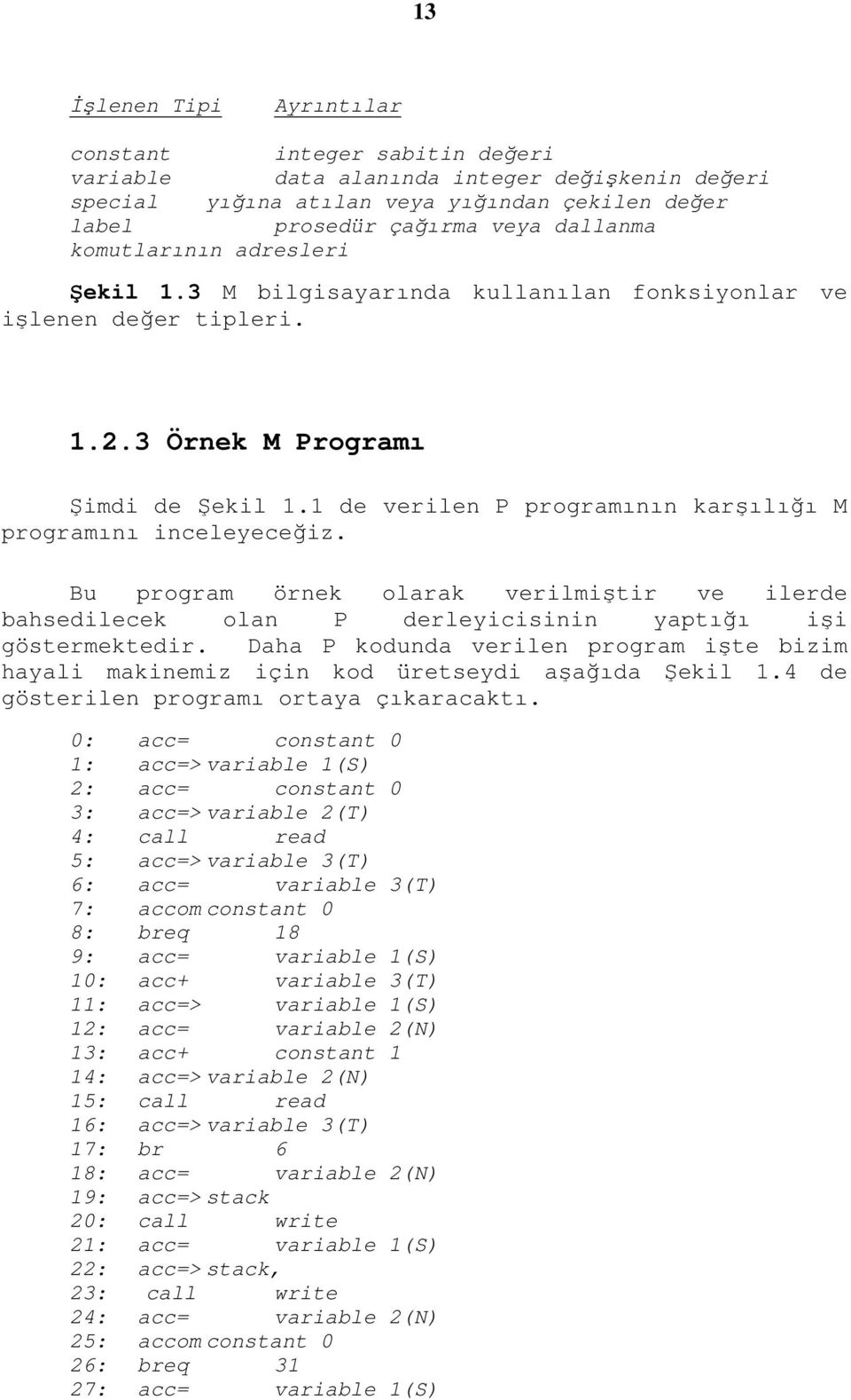 1 de verilen P programının karşılığı M programını inceleyeceğiz. Bu program örnek olarak verilmiştir ve ilerde bahsedilecek olan P derleyicisinin yaptığı işi göstermektedir.