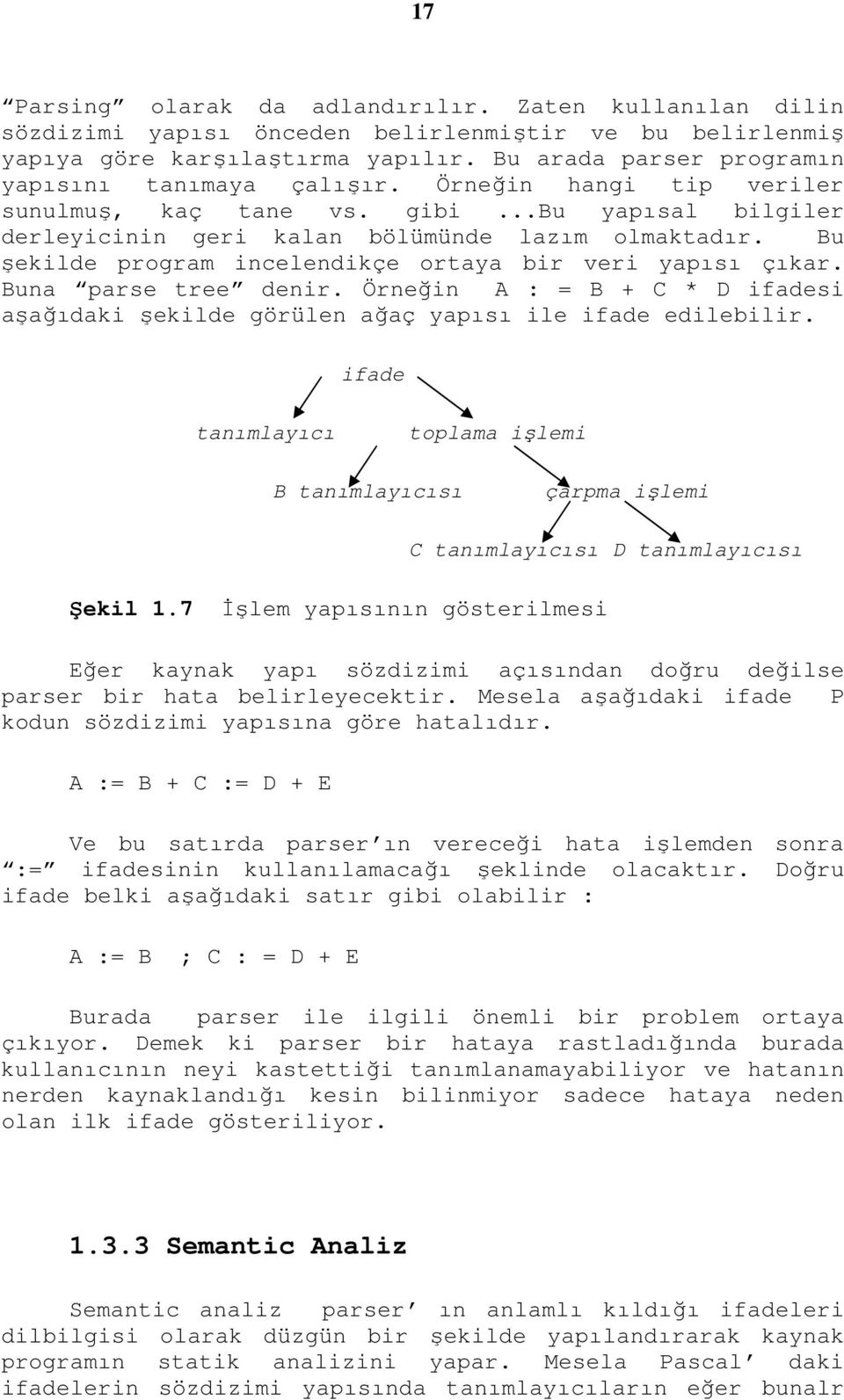 Bu şekilde program incelendikçe ortaya bir veri yapısı çıkar. Buna parse tree denir. Örneğin A : = B + C * D ifadesi aşağıdaki şekilde görülen ağaç yapısı ile ifade edilebilir.