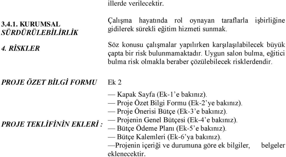 Uygun salon bulma, eğitici bulma risk olmakla beraber çözülebilecek risklerdendir. PROJE ÖZET BİLGİ FORMU Ek 2 PROJE TEKLİFİNİN EKLERİ : Kapak Sayfa (Ek-1 e bakınız).